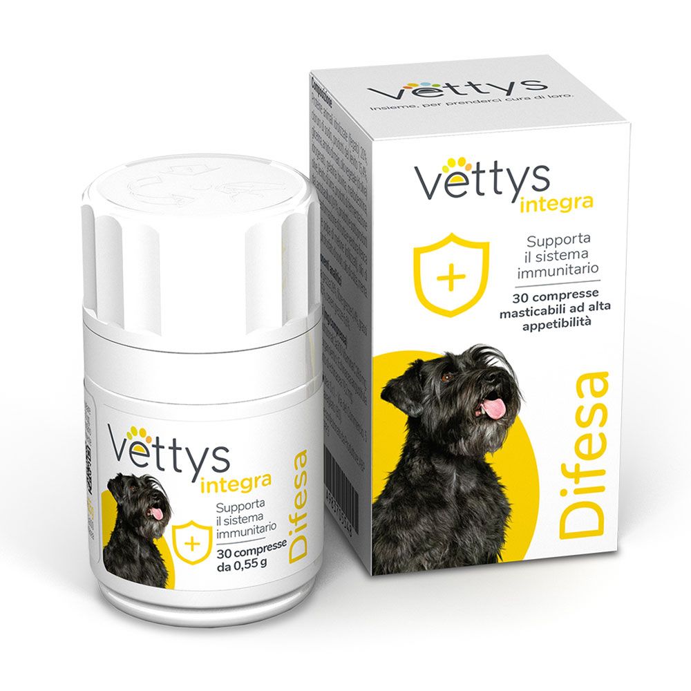 Vettys Integra Difesa Cane. Flacone e scatola bianchi. Contiene compresse. Cane sull'imballaggio.