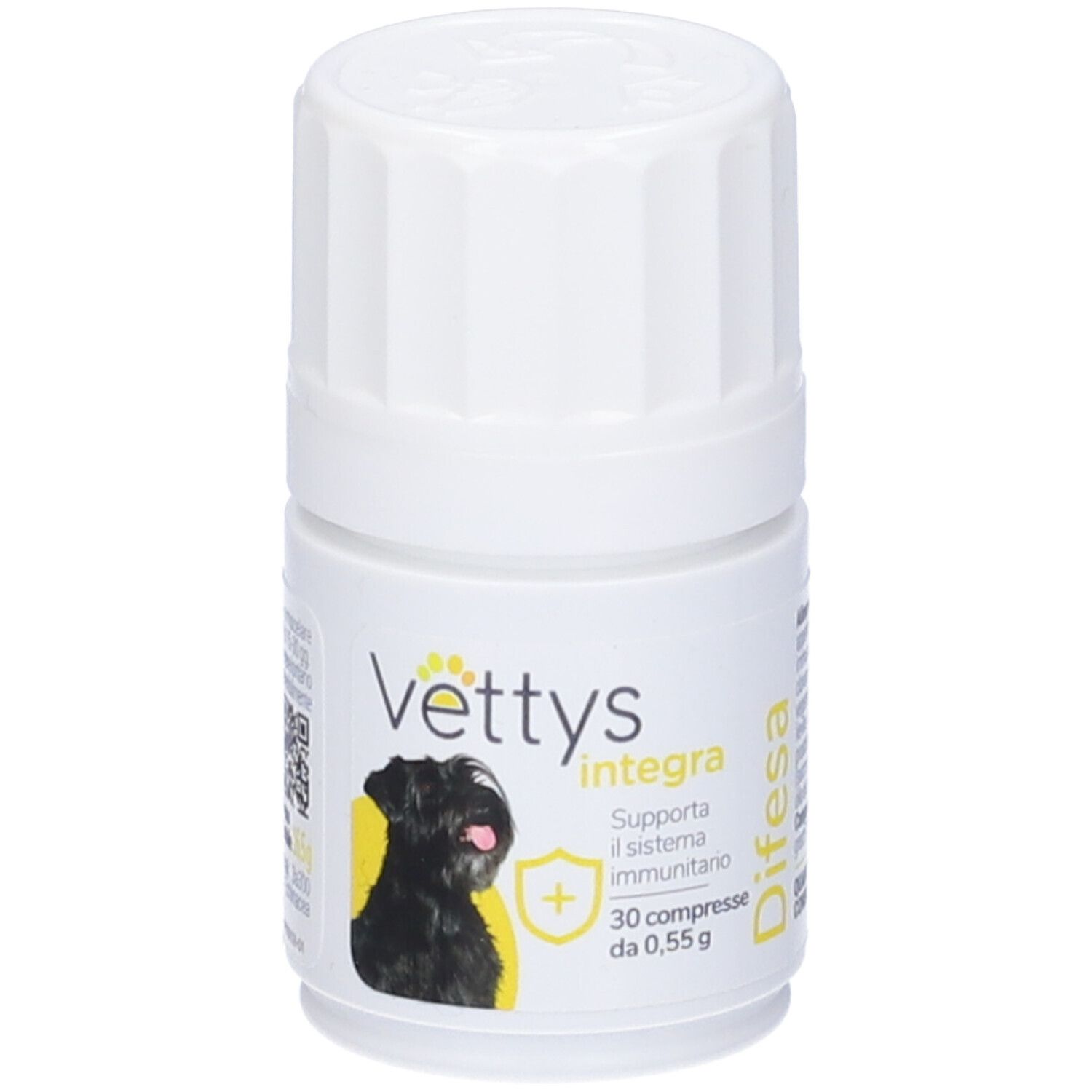 Vettys Integra Difesa Cane. Flacone bianco con compresse. Etichetta prodotto con cane.