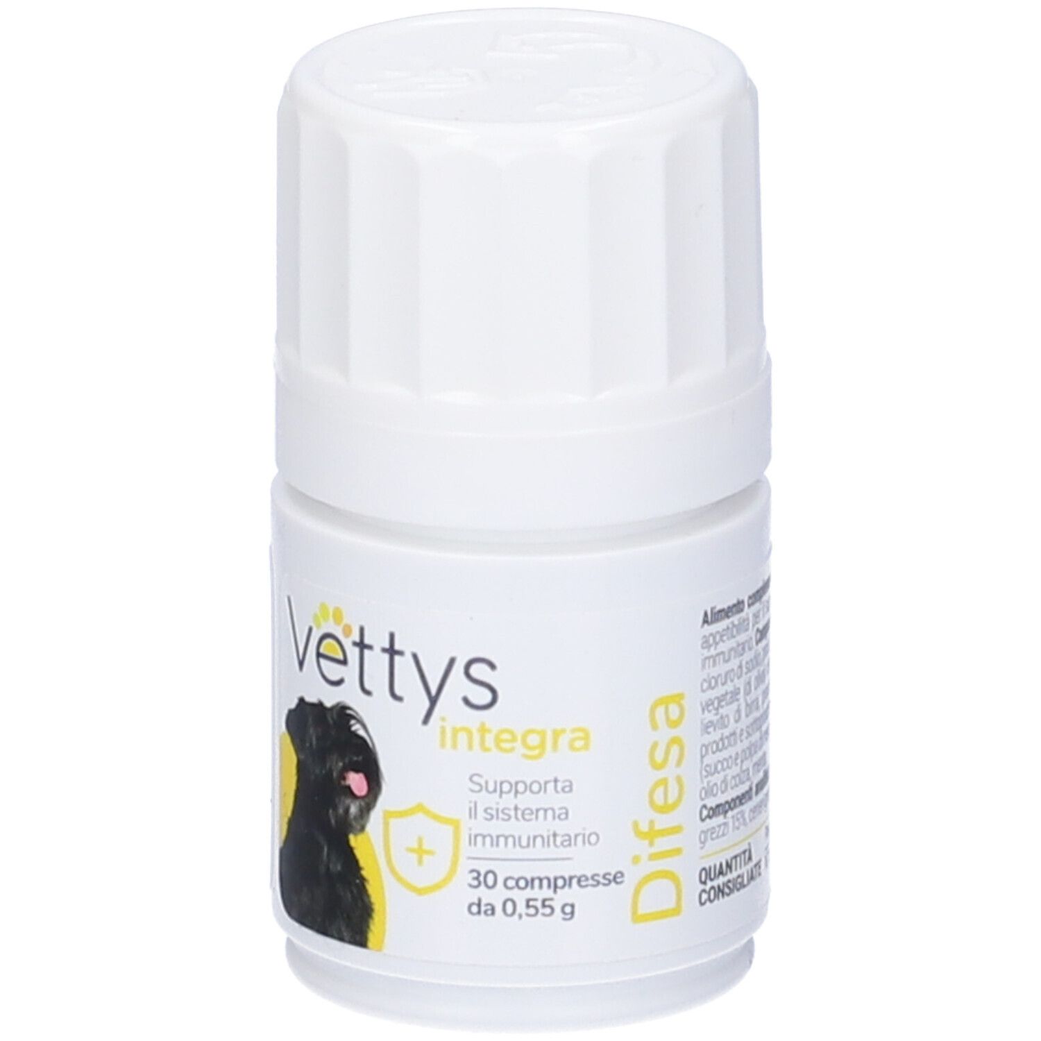 Vettys Integra Difesa Cane. Flacone bianco. Etichetta prodotto con testo e cane.
