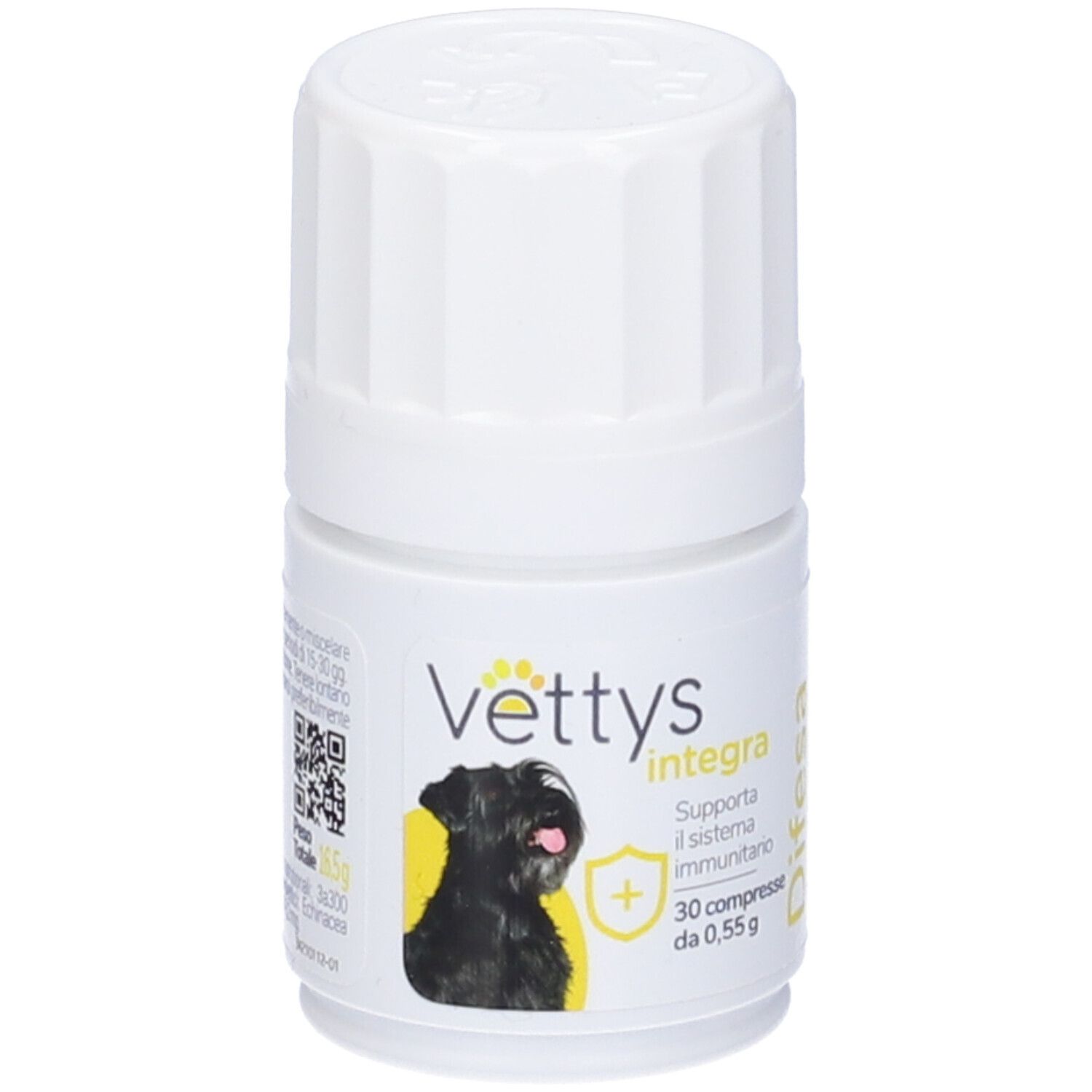 Vettys Integra Difesa Cane. Flacone bianco. Etichetta prodotto con testo e cane.