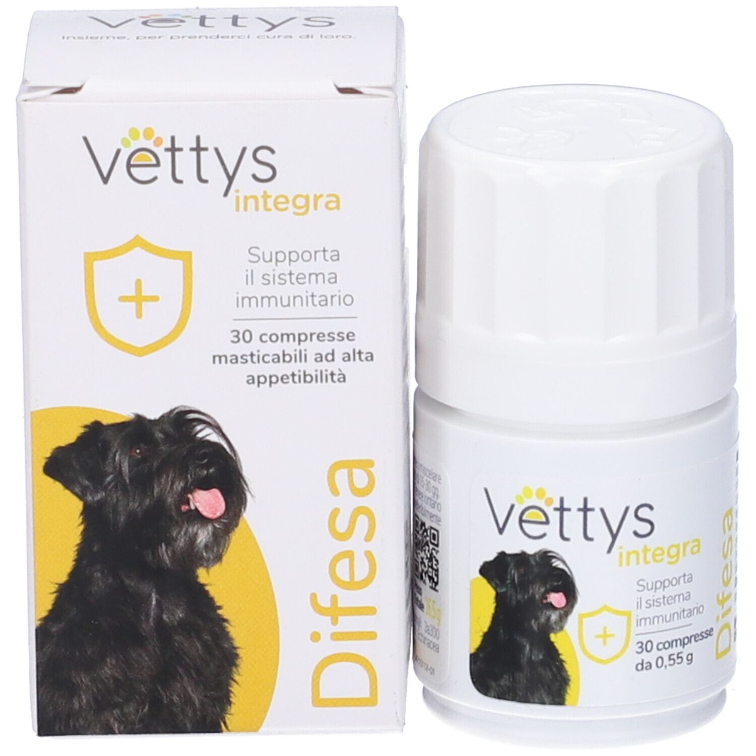 Vettys Integra Difesa Cane. Flacone e scatola bianchi. Etichetta prodotto con cane.