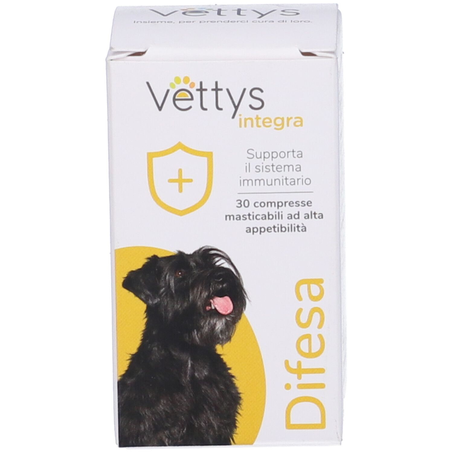 Vettys Integra Difesa Cane. Scatola bianca. Etichetta prodotto con cane e testo.