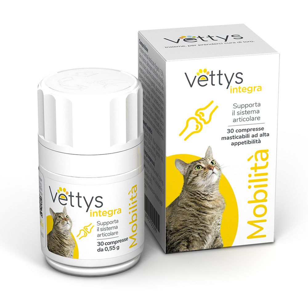 Flacone bianco con etichetta. Scritta Vettys Integra Mobilità. Immagine di un gatto. Scatola con lo stesso design.