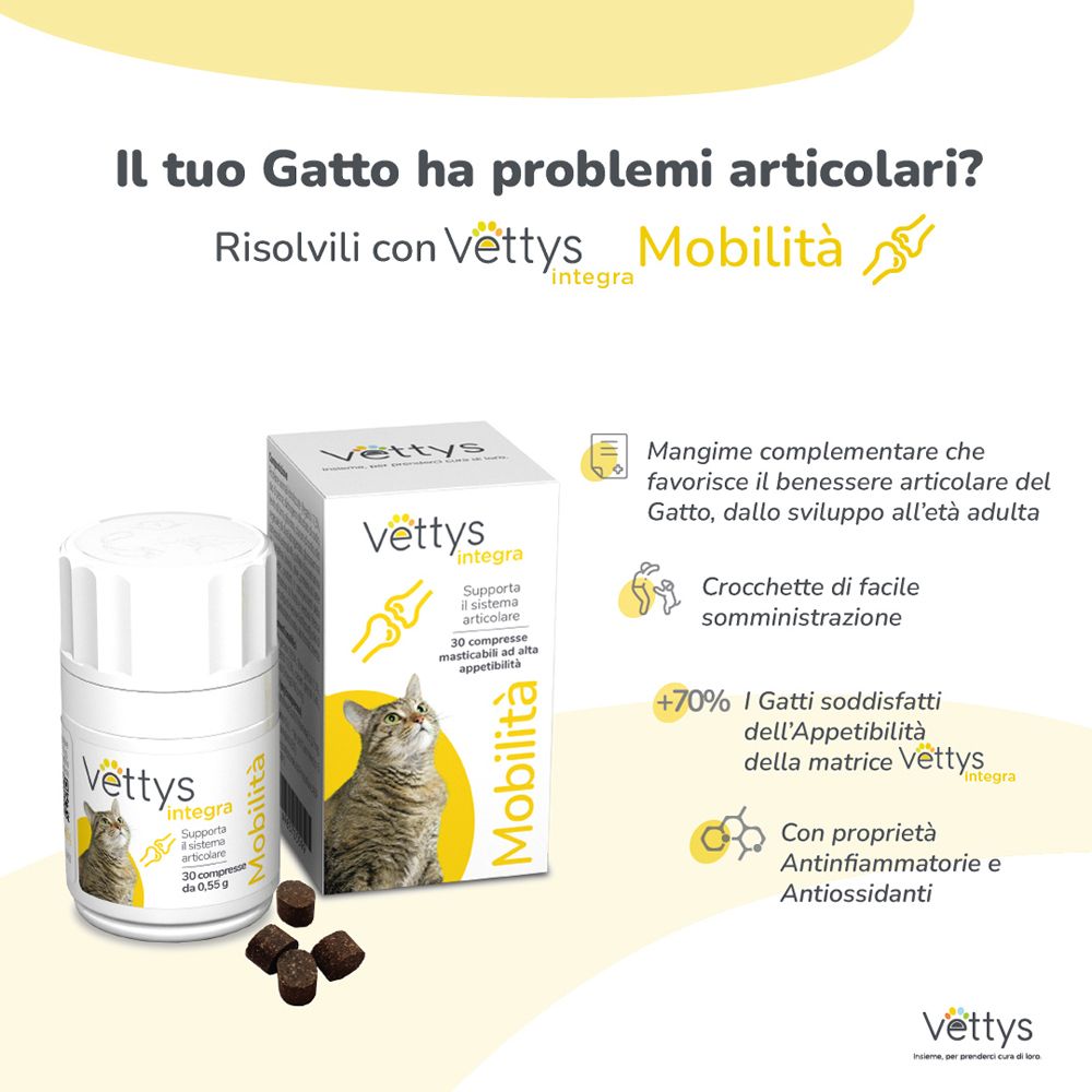 Confezione del prodotto e compresse accanto al testo. Testo: Vettys Integra Mobilità. Illustrazioni di articolazioni e di un gatto.