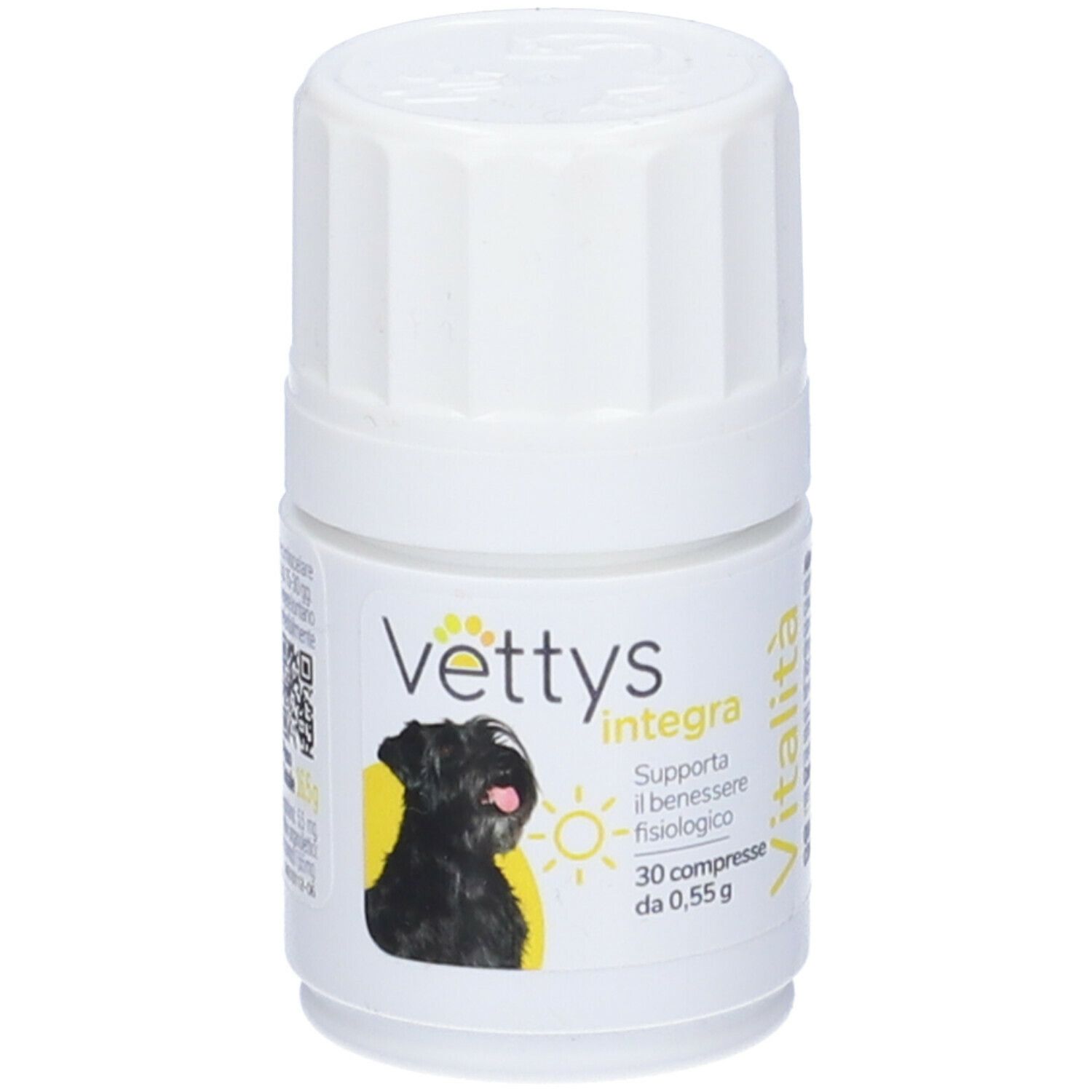 Flacone bianco con prodotto per cani. Vettys integra Vitalità. Immagine di un cane. 30 compresse.