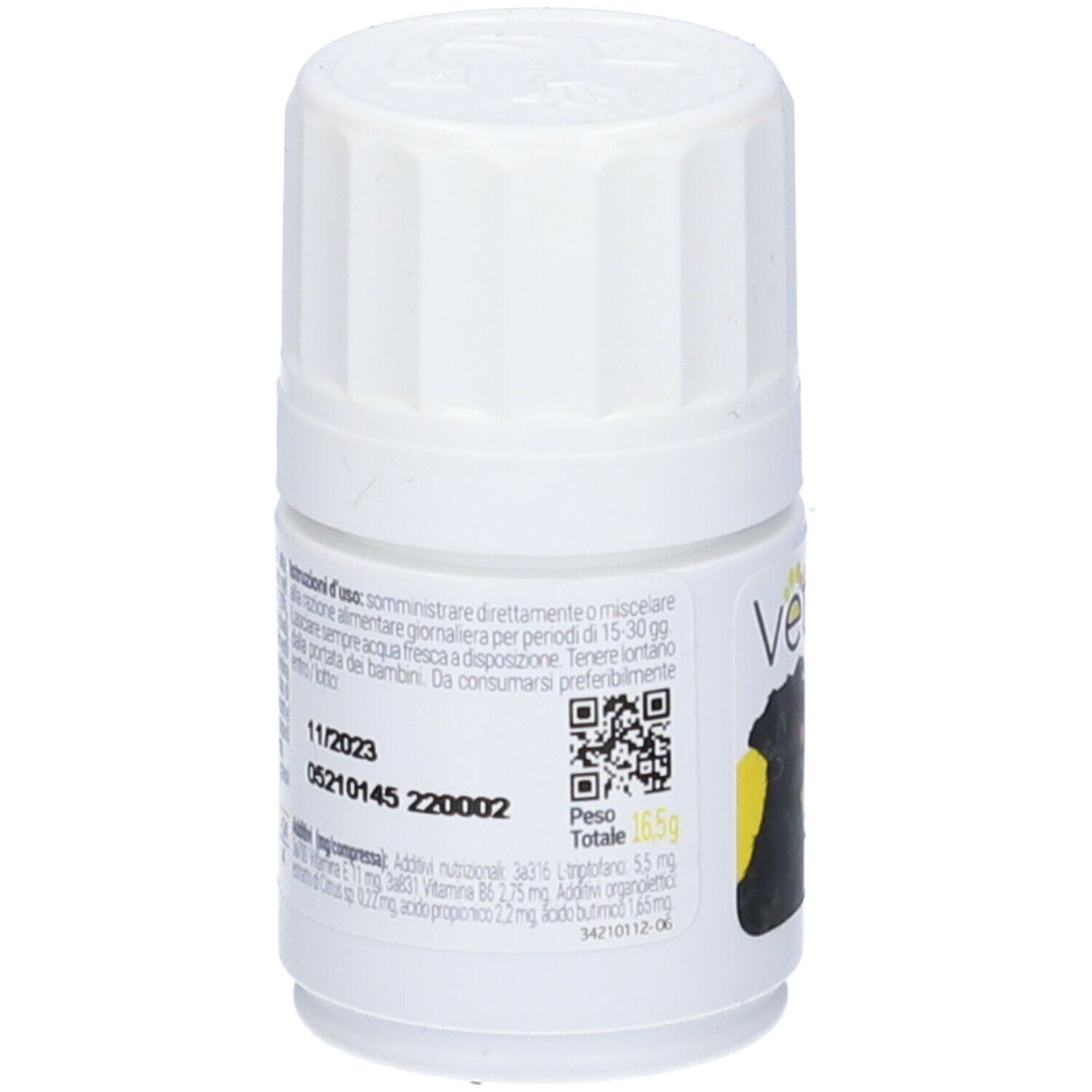 Retro del flacone bianco. Vettys integra Vitalità. Testo su ingredienti e utilizzo.