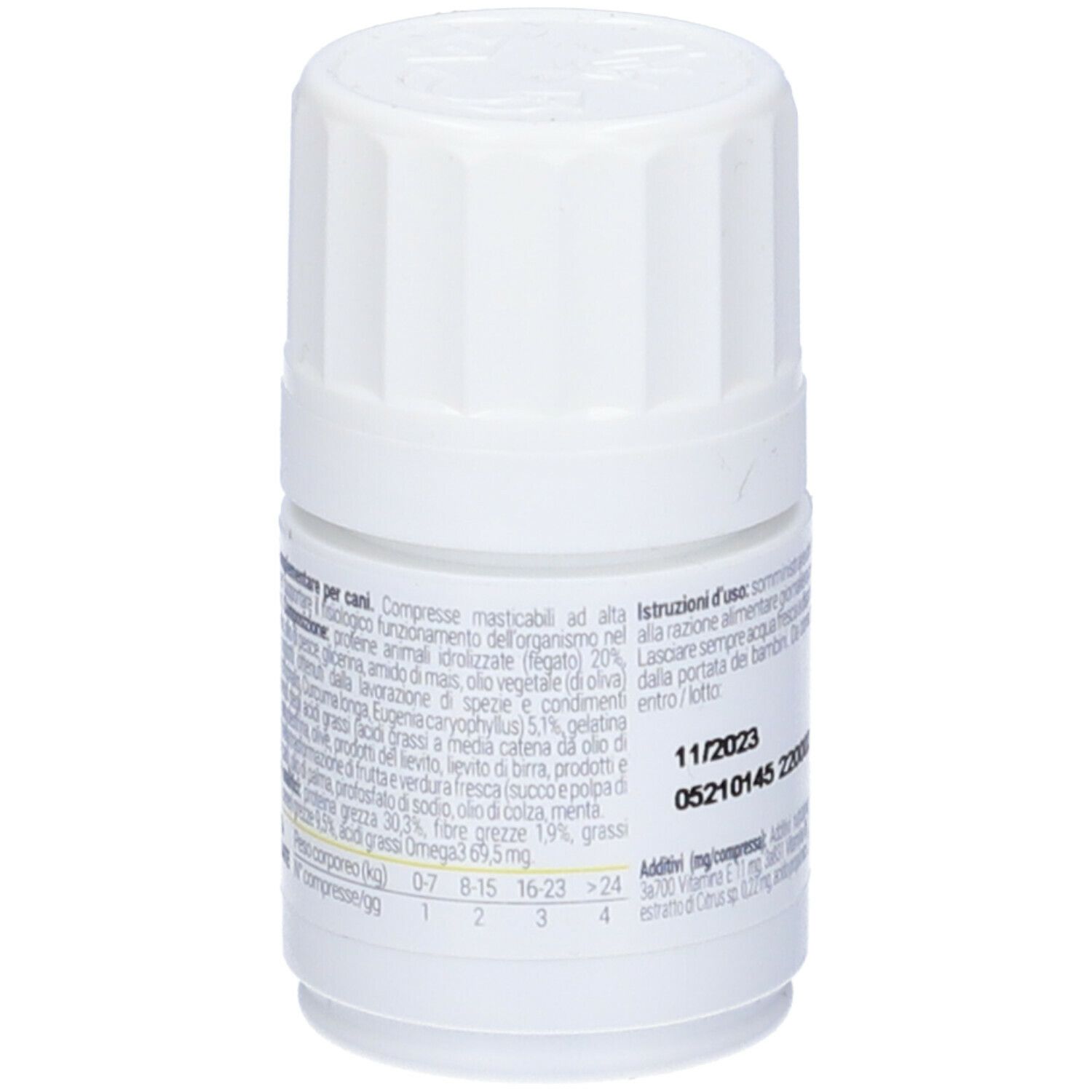 Retro del flacone bianco. Vettys integra Vitalità. Testo su ingredienti e dosaggio.