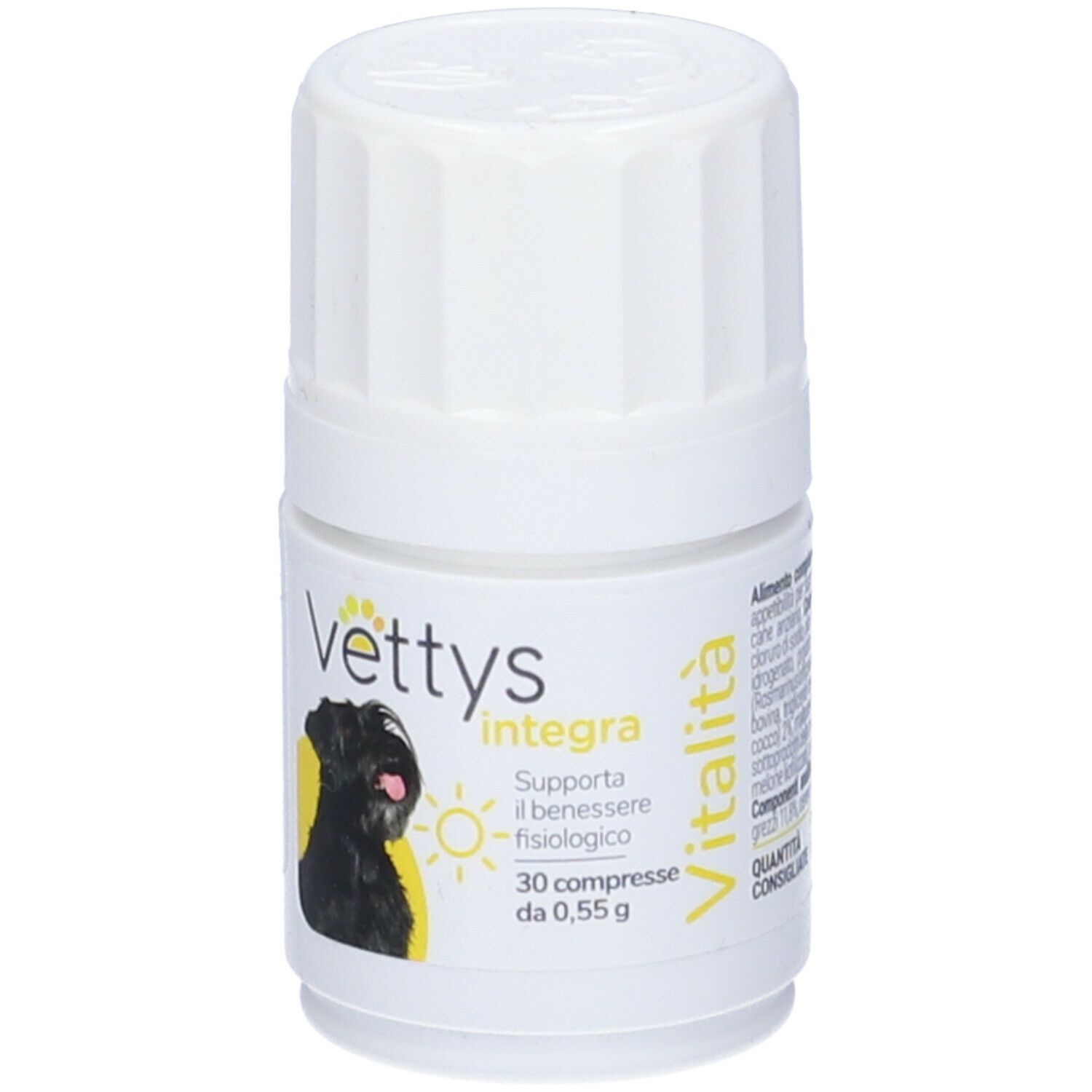 Flacone bianco con prodotto per cani. Vettys integra Vitalità. Immagine di un cane. 30 compresse.