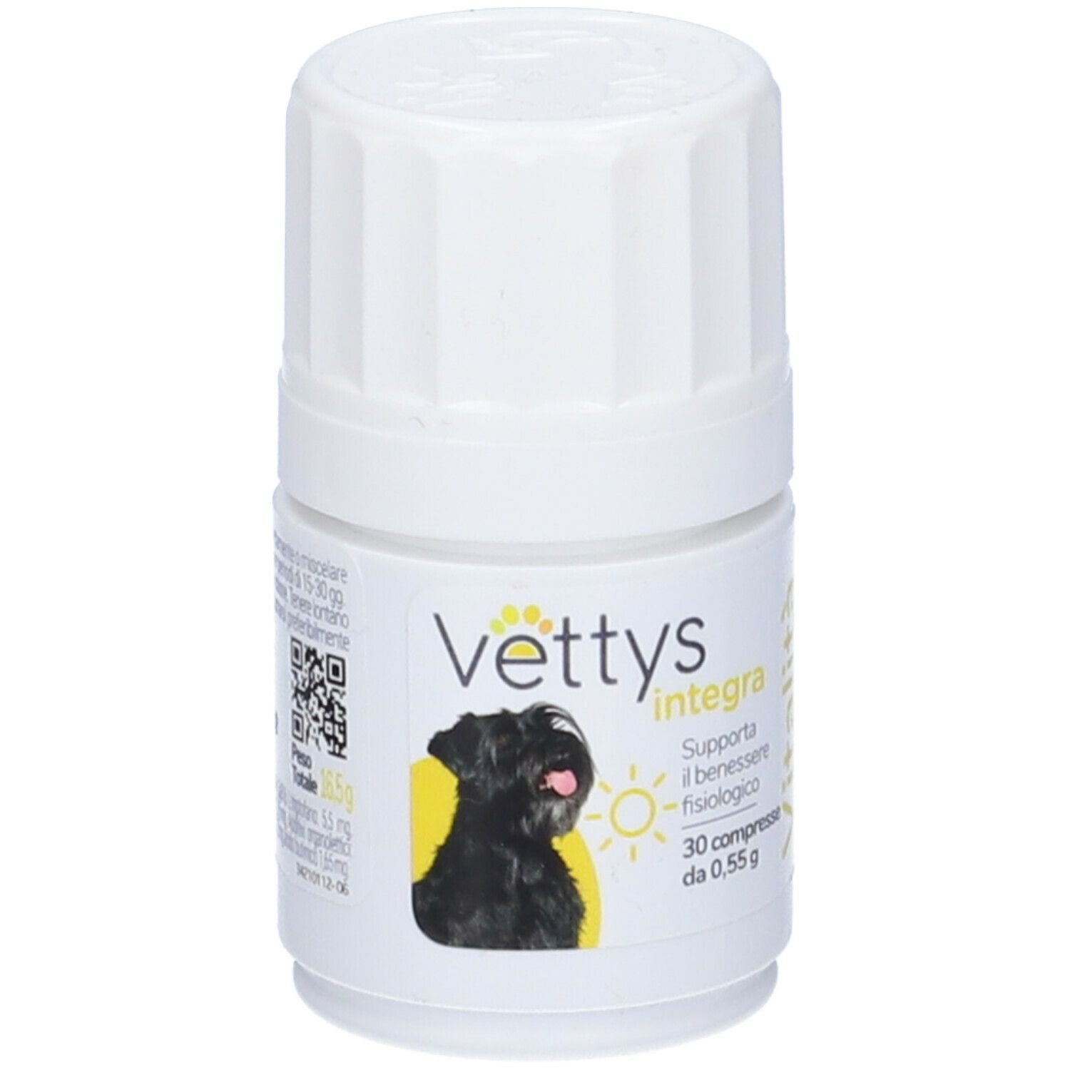 Flacone bianco con prodotto per cani. Vettys integra Vitalità. Immagine di un cane. 30 compresse.