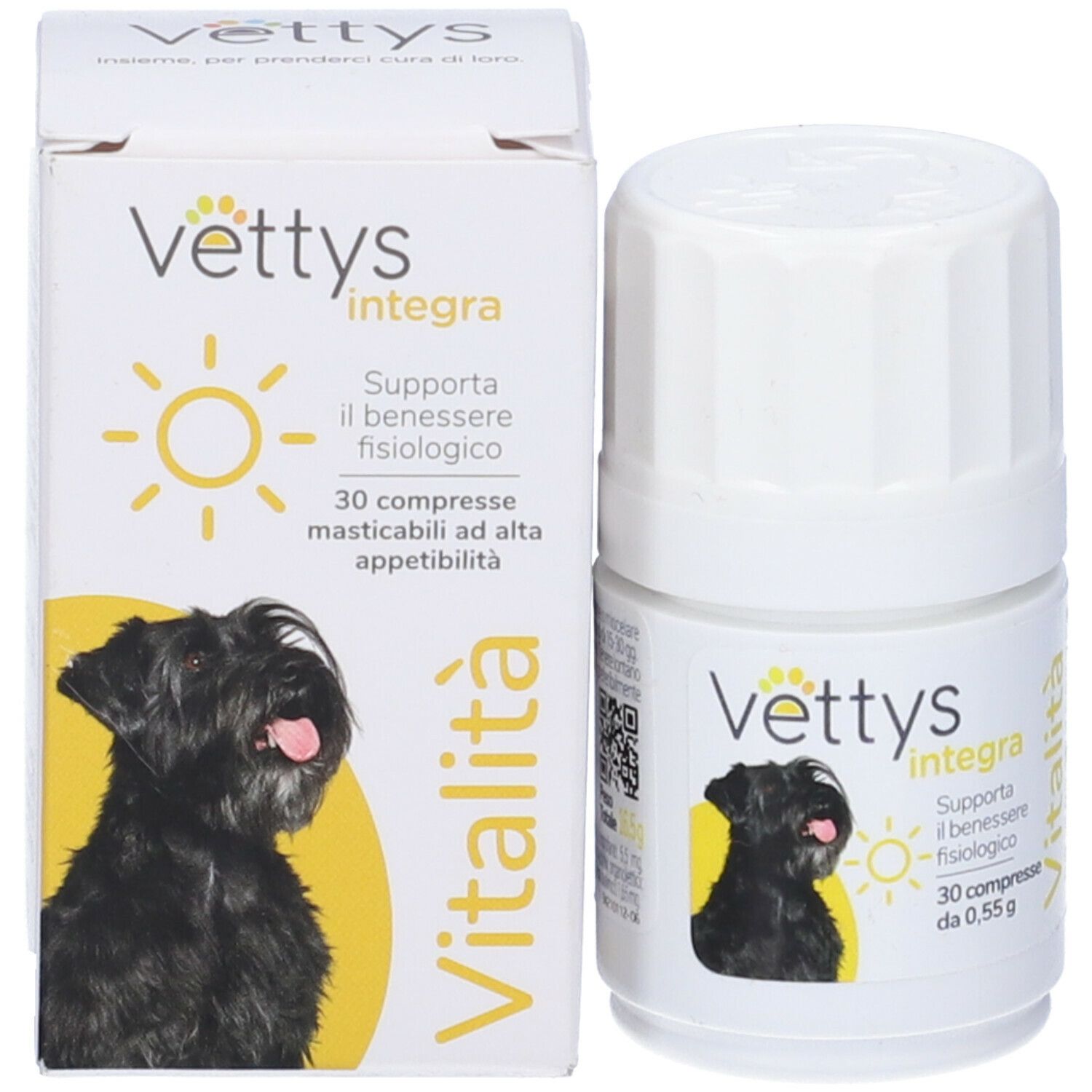Flacone e scatola bianchi con prodotto per cani. Vettys integra Vitalità. Immagine di un cane.