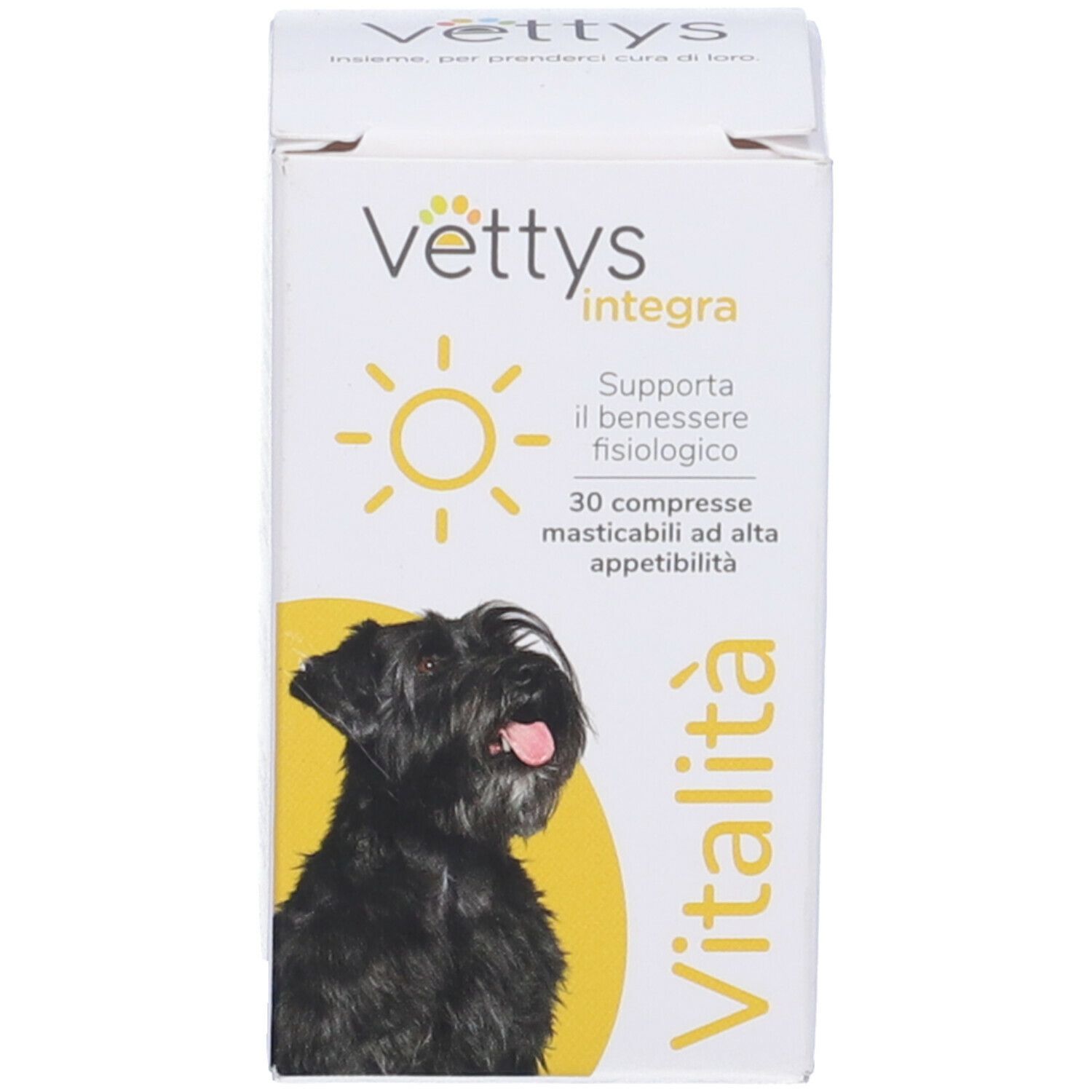 Scatola con prodotto per cani. Vettys integra Vitalità. Immagine di un cane. Testo.