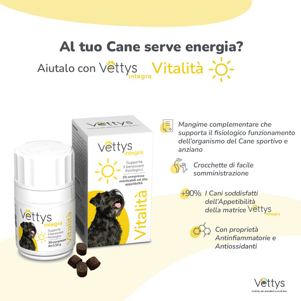 Immagine promozionale del prodotto per cani Vettys integra Vitalità. Testo e illustrazioni di ingredienti e benefici.