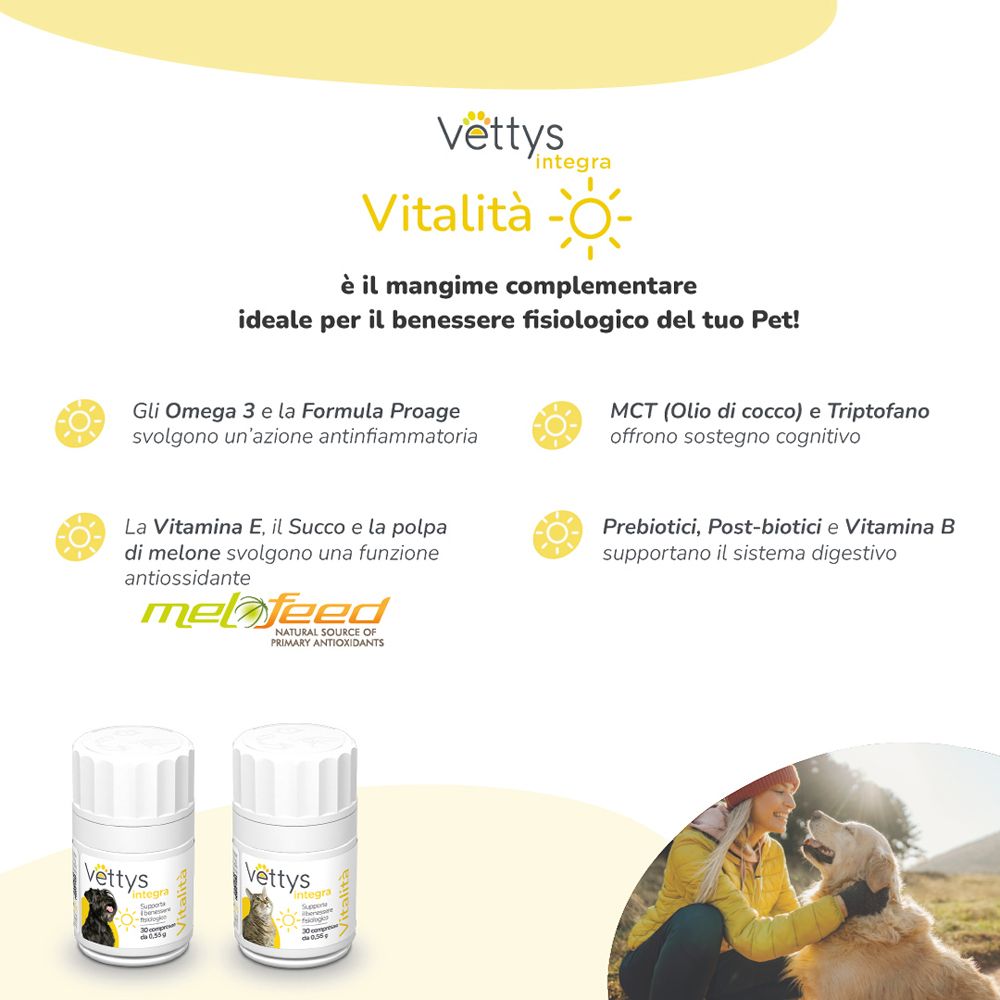 Immagine del prodotto con due flaconi. Vettys integra Vitalità. Testo su vantaggi e ingredienti.