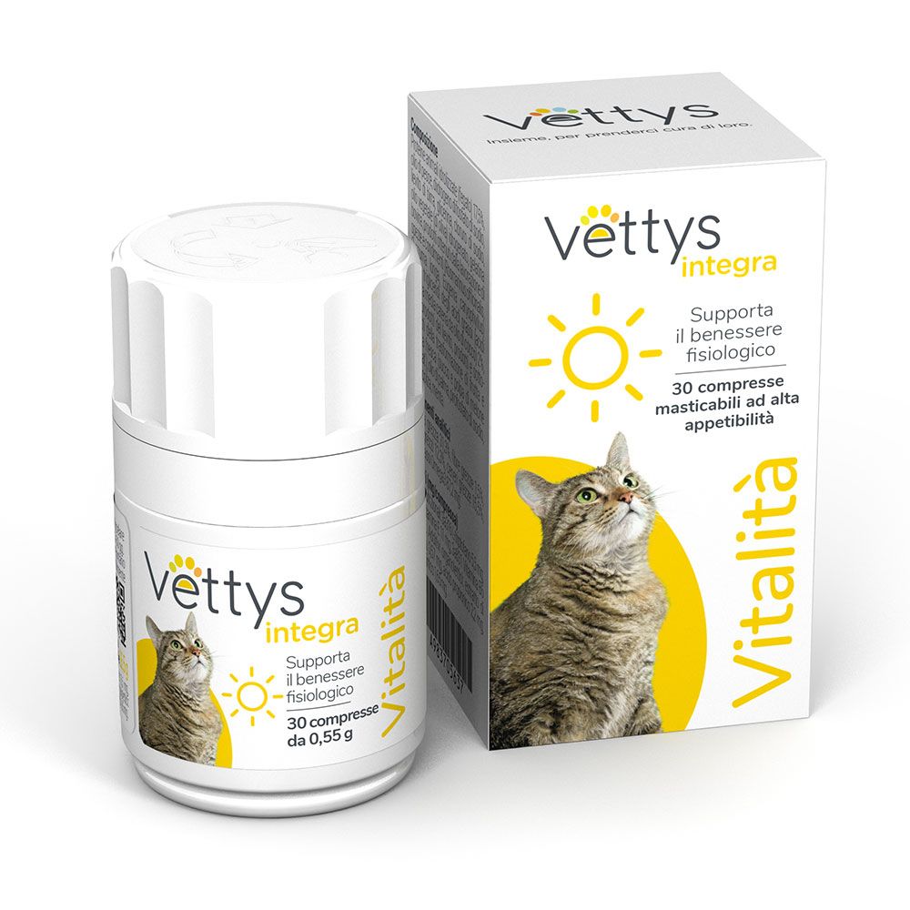Flacone e scatola bianchi. Stampa: gatto, sole, "Vettys integra Vitalità". 30 compresse.