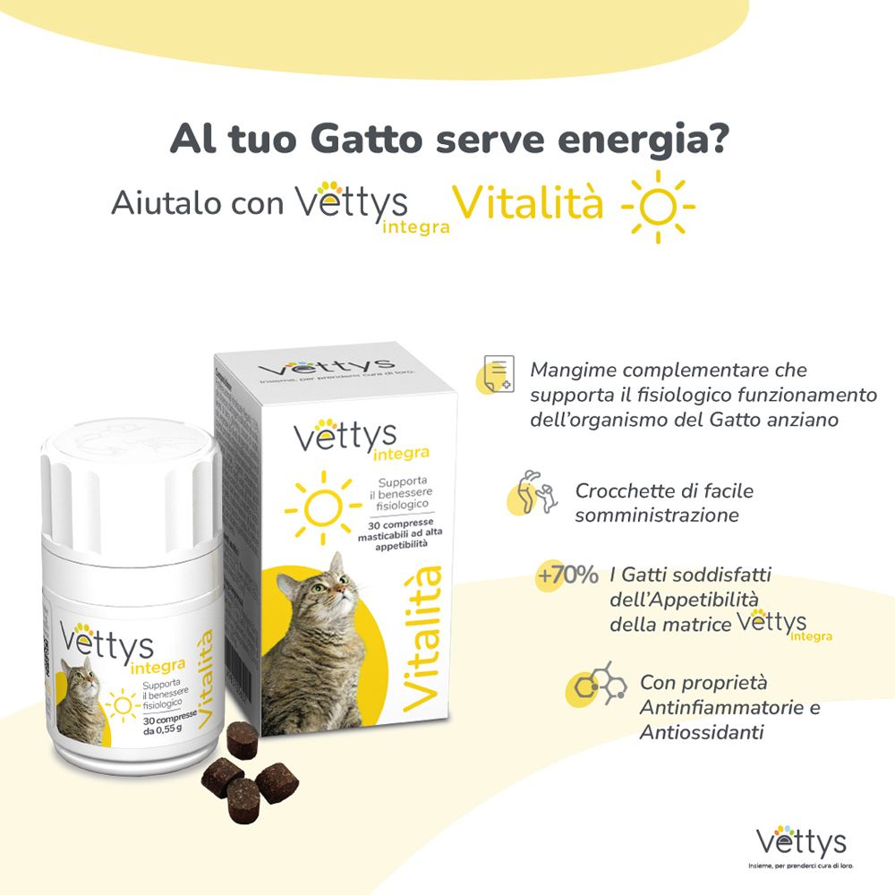 Confezione del prodotto e compresse. Testo: "Vettys integra Vitalità". Informazioni e vantaggi.