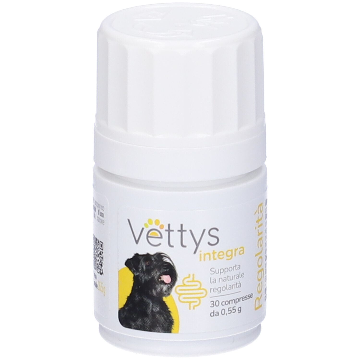 Flacone bianco con Vettys Integra Regolarità. Nome del prodotto, immagine di un cane e testo.