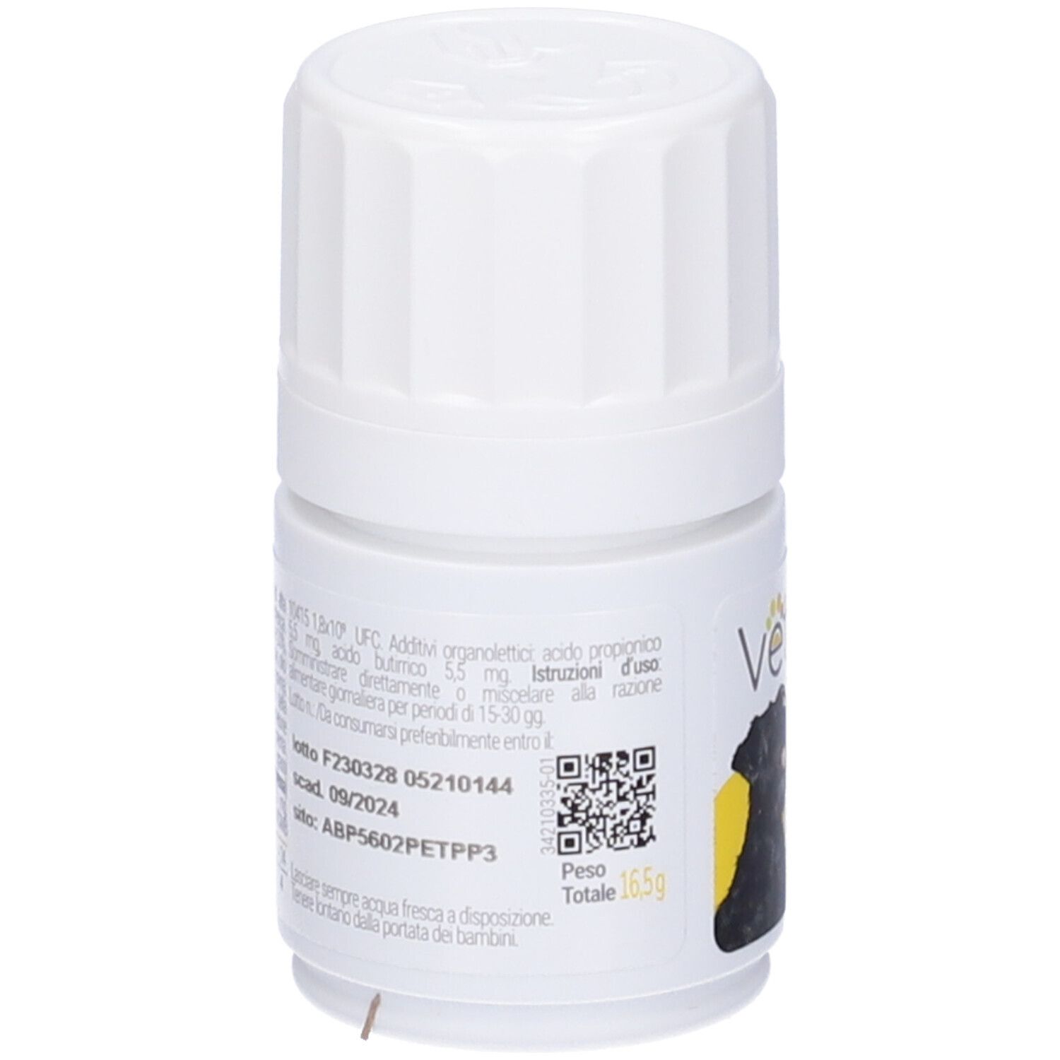Retro del flacone bianco con Vettys Integra Regolarità. Testo e codice QR.