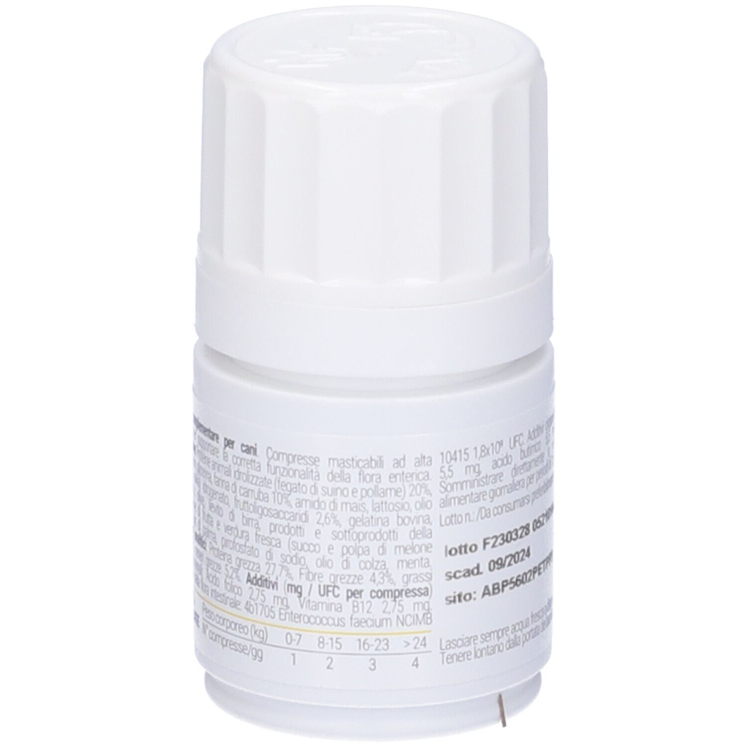 Retro del flacone bianco con Vettys Integra Regolarità. Testo e codice QR.