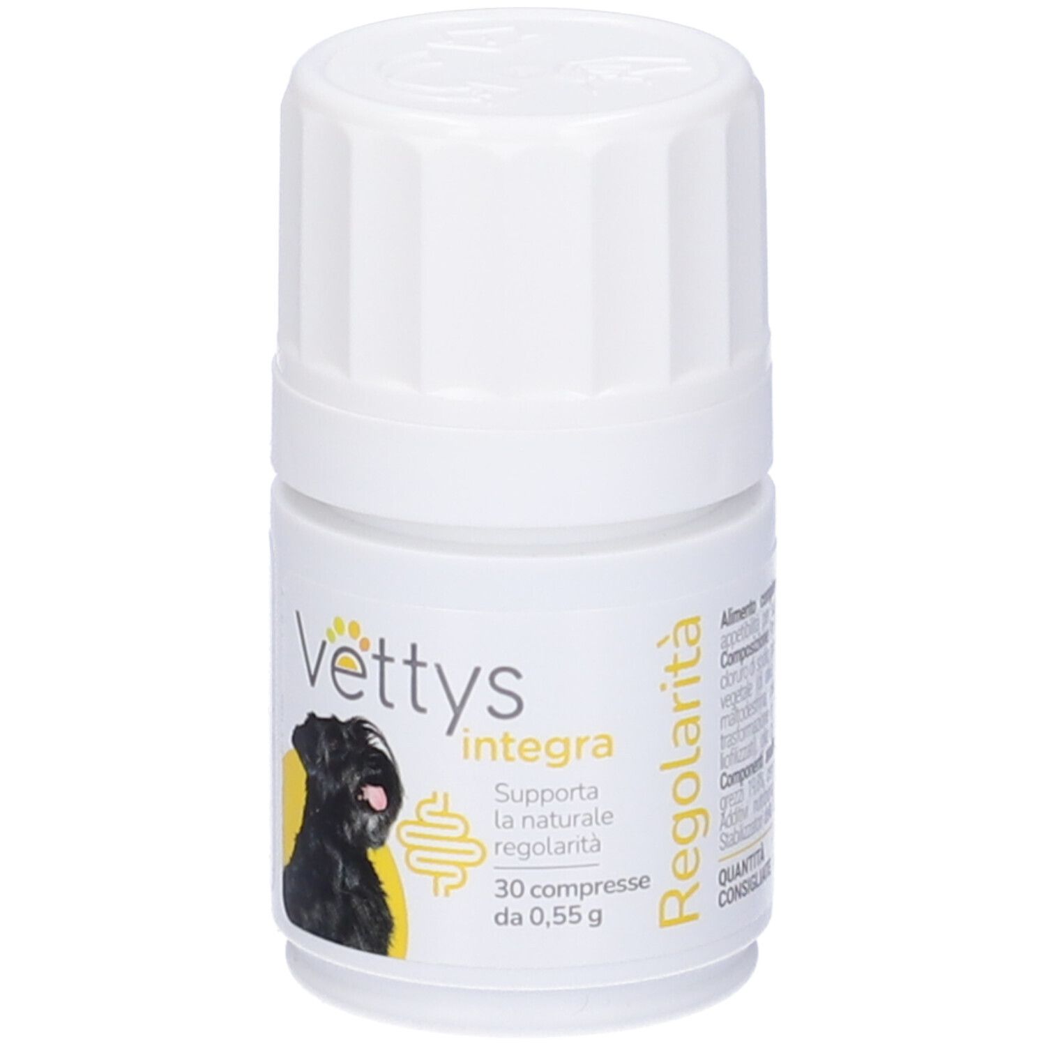 Flacone bianco con Vettys Integra Regolarità. Nome del prodotto, immagine di un cane e testo.