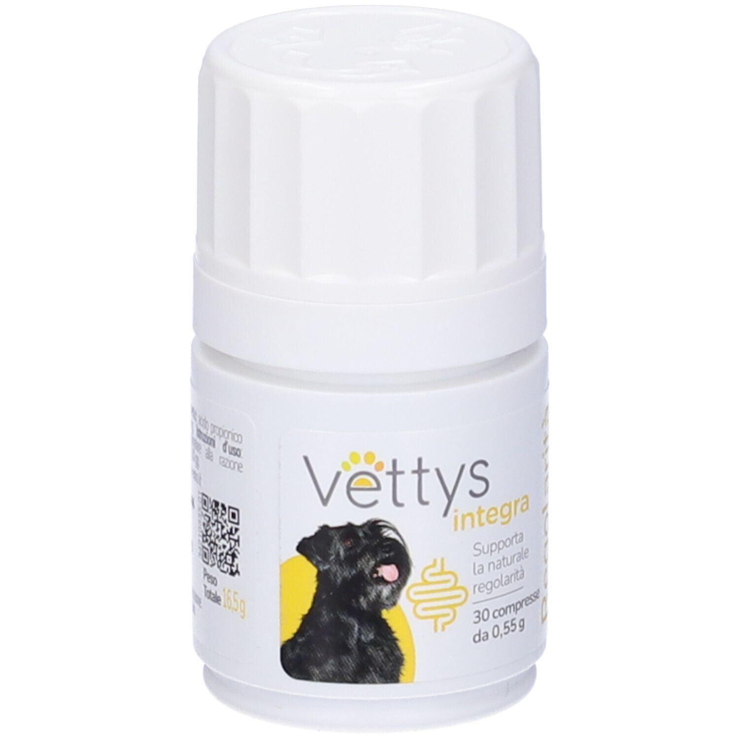Flacone bianco con Vettys Integra Regolarità. Nome del prodotto, immagine di un cane e testo.