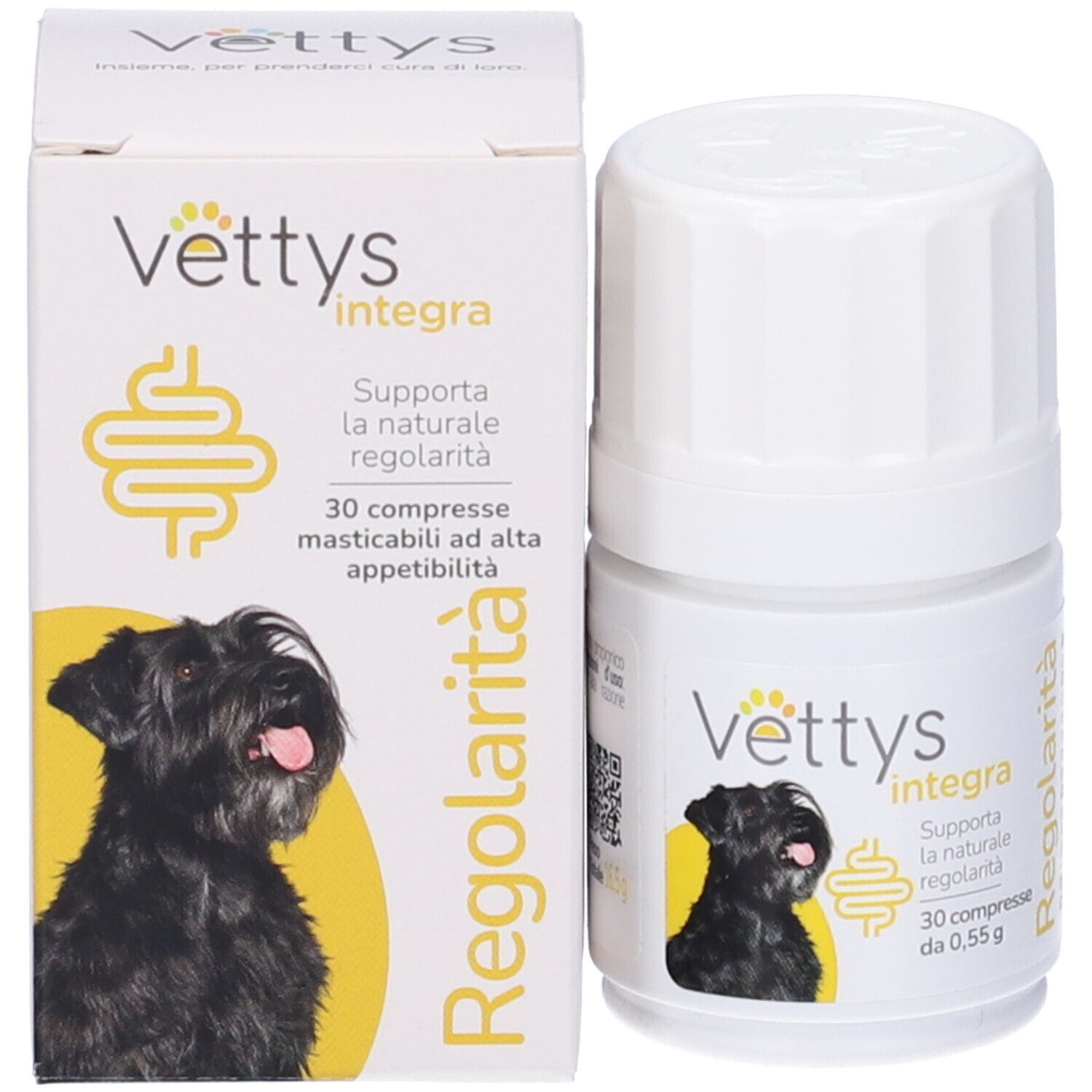 Flacone e scatola bianchi con Vettys Integra Regolarità. Nome del prodotto, immagine di un cane.