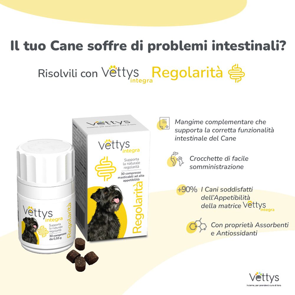 Pannello pubblicitario con Vettys Integra Regolarità. Prodotto, testo e immagine di un cane. Sfondo giallo.