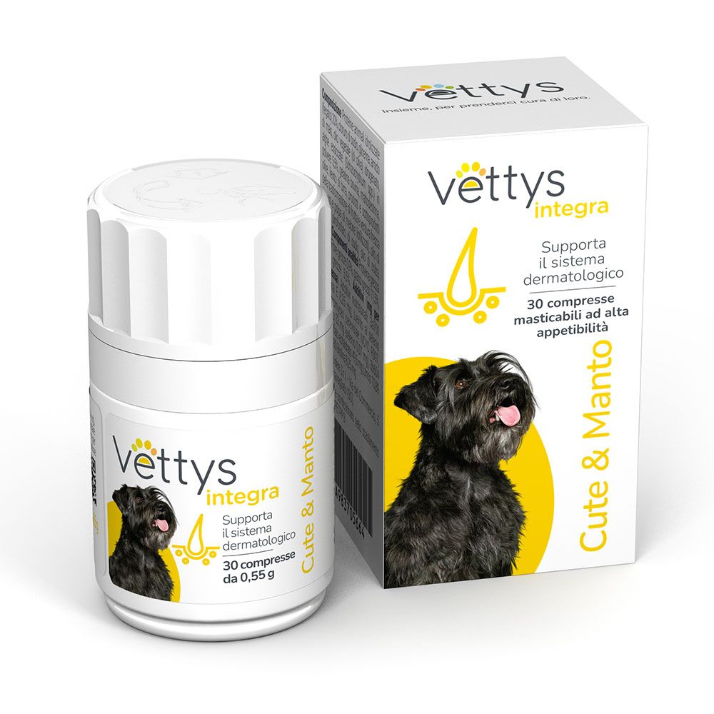 Flacone bianco Vettys Integra Cute & Manto. Immagine cane, 30 compresse. Confezione gialla accanto.