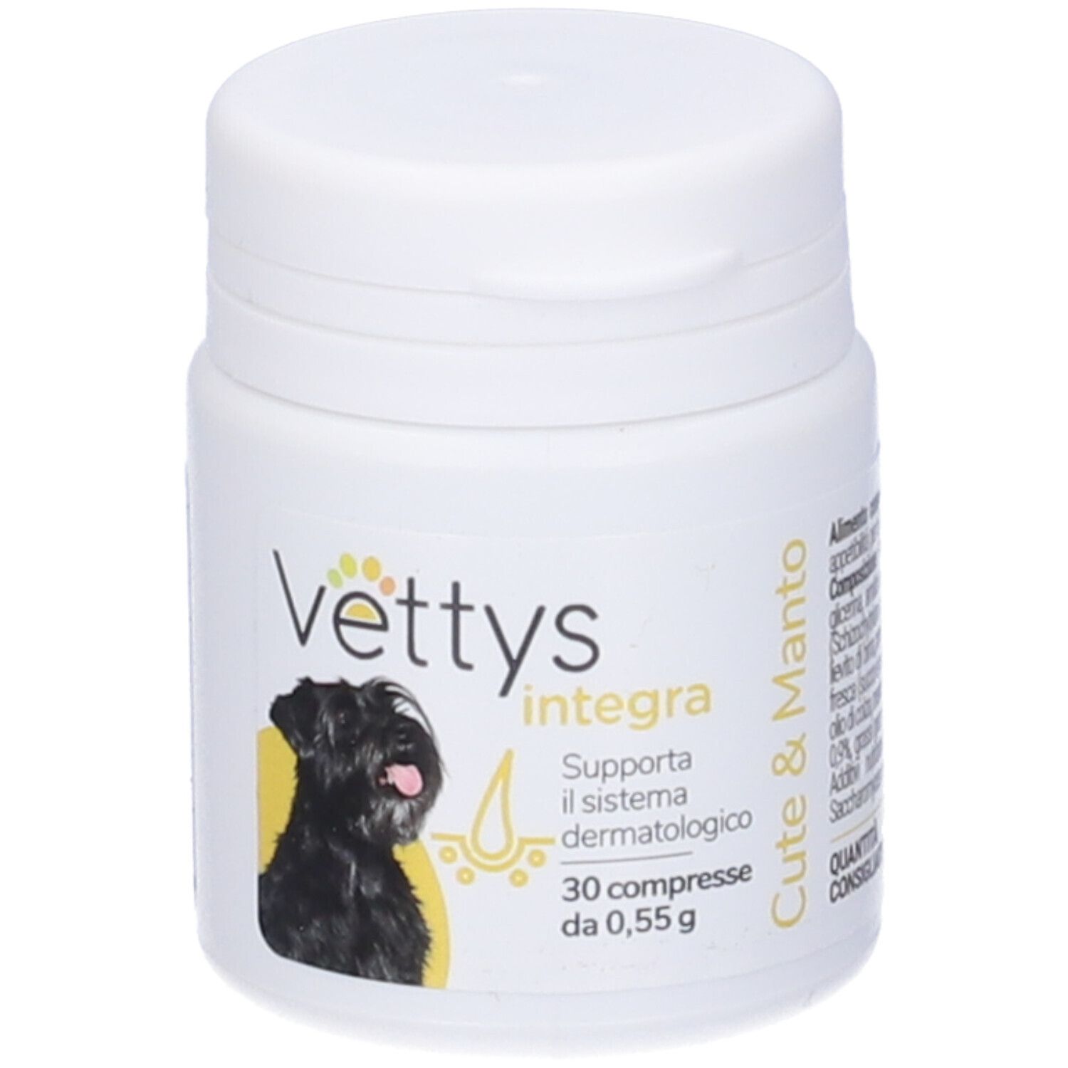 Flacone bianco Vettys Integra Cute & Manto. Immagine cane, 30 compresse. Coperchio in alto.