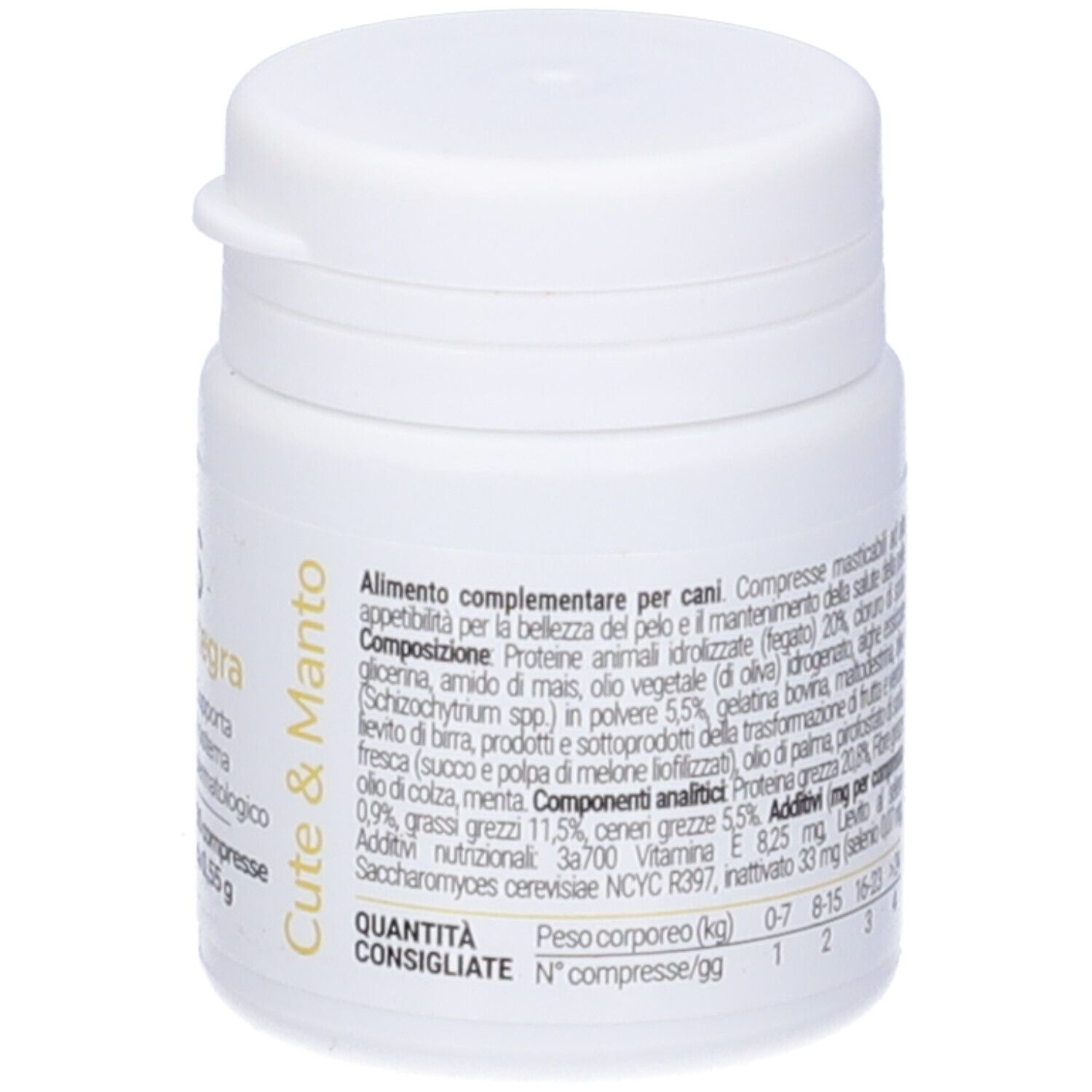 Flacone bianco Vettys Integra Cute & Manto. Immagine cane, 30 compresse. Retro con testo.