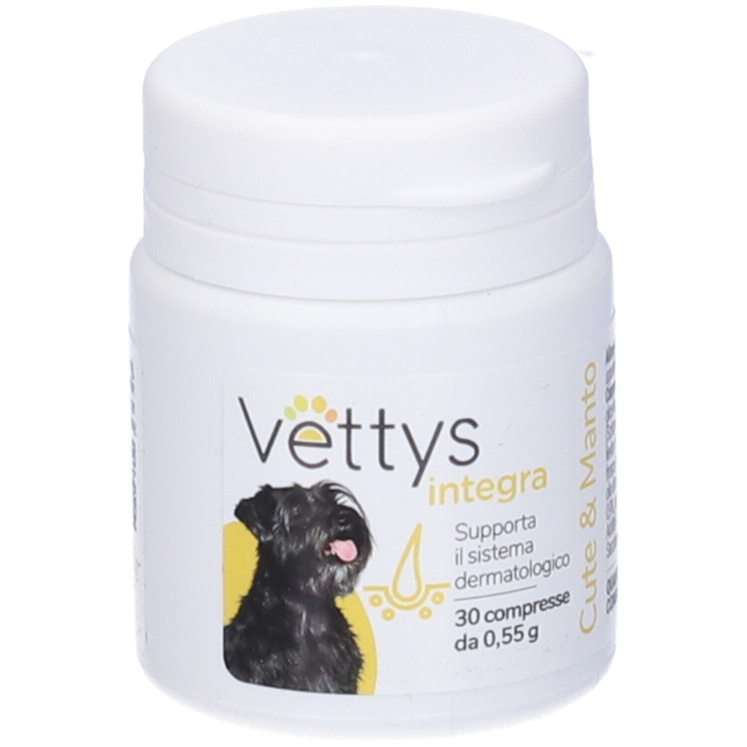 Flacone bianco Vettys Integra Cute & Manto. Immagine cane, 30 compresse. Fronte.