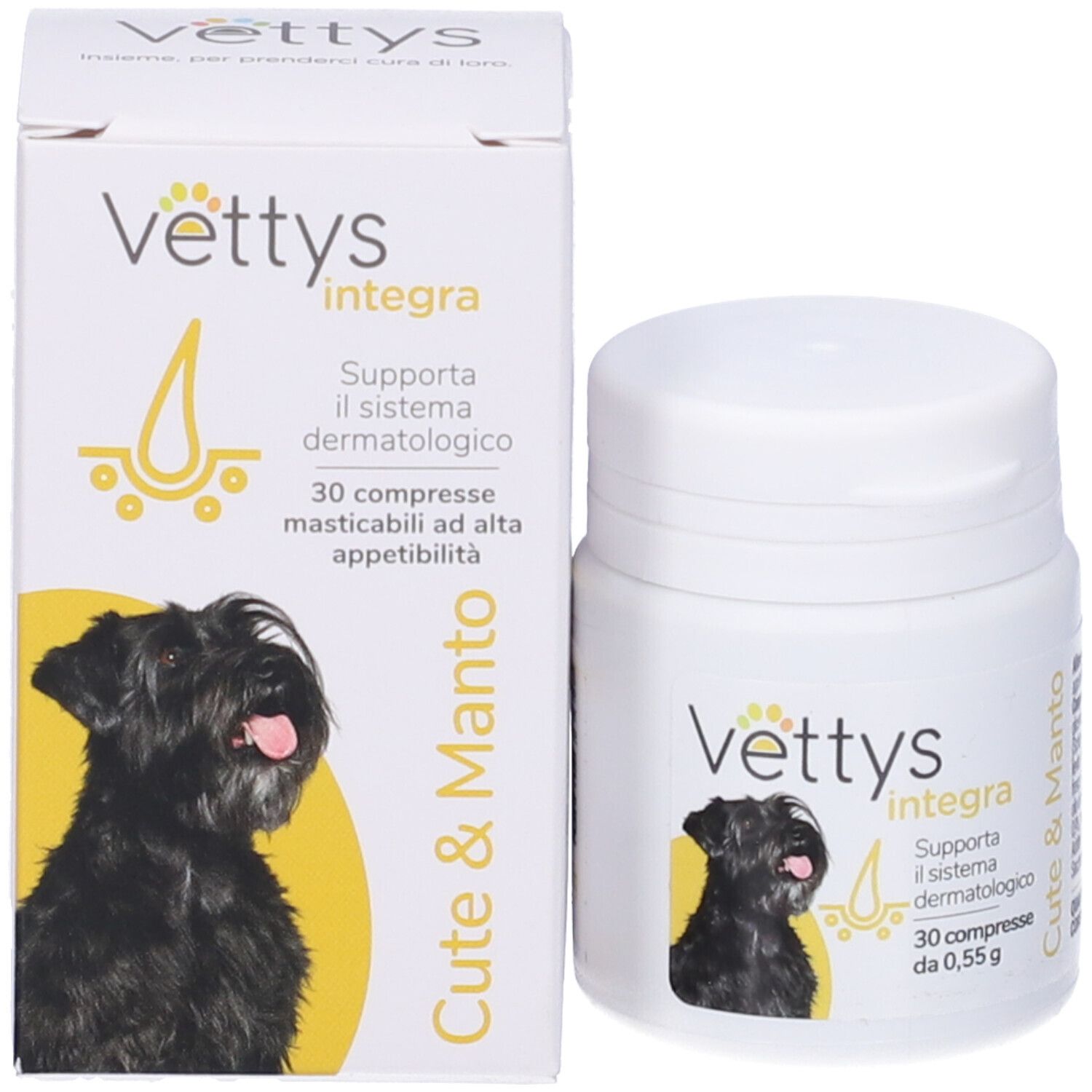 Flacone e confezione Vettys Integra Cute & Manto. Immagine cane, 30 compresse.