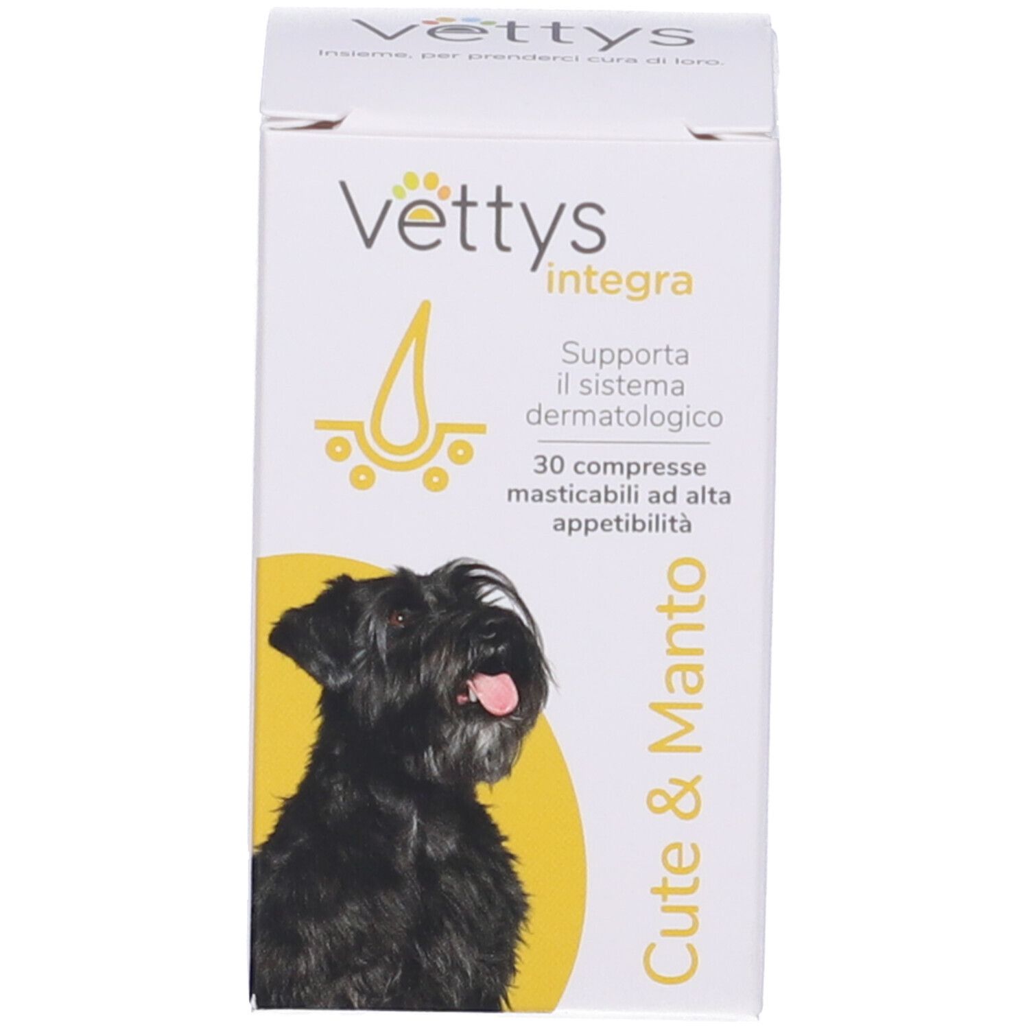 Confezione Vettys Integra Cute & Manto. Immagine cane, 30 compresse. Sfondo giallo.