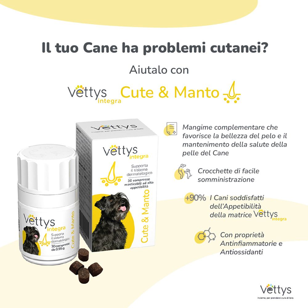 Pubblicità Vettys Integra Cute & Manto. Prodotto con cane, compresse e testo. Sfondo giallo.