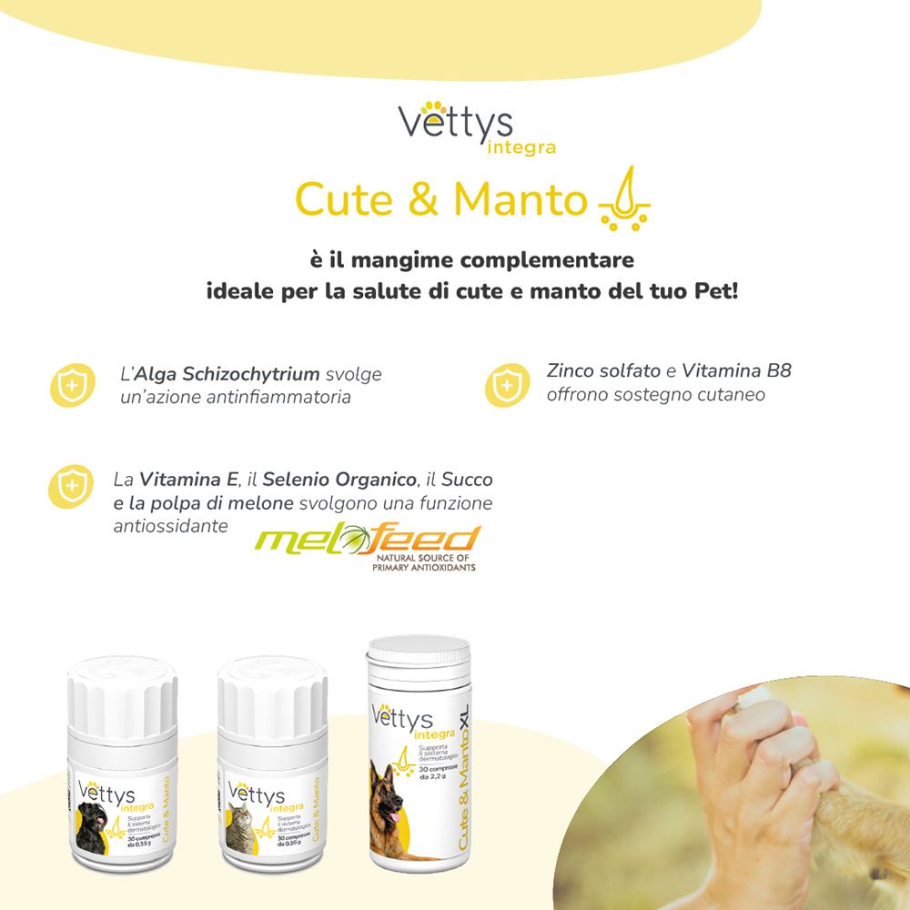 Vettys Integra Cute & Manto. Prodotto con compresse, testo e ingredienti. Sfondo giallo.