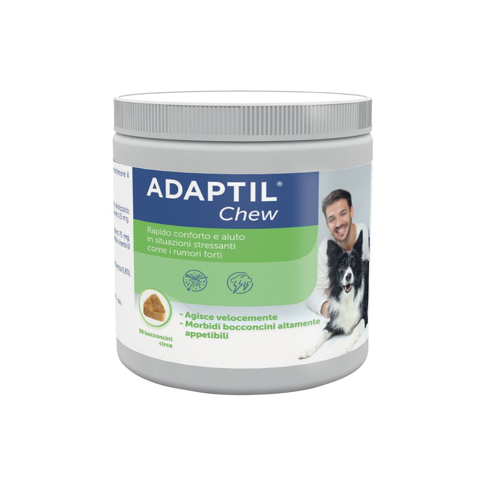 Barattolo Adaptil Chew. Scritta Adaptil Chew, uomo con cane. 30 Bocconcini. Confezione verde e bianca.