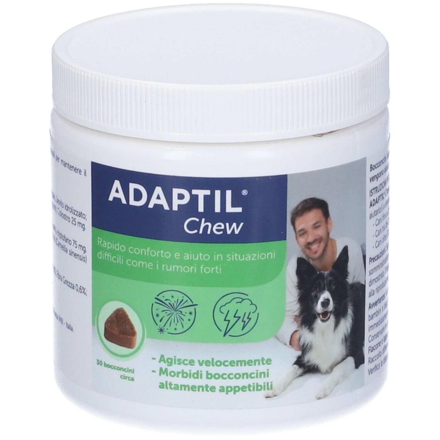 Barattolo Adaptil Chew. Scritta Adaptil Chew, uomo con cane. 30 Bocconcini. Confezione verde e bianca.