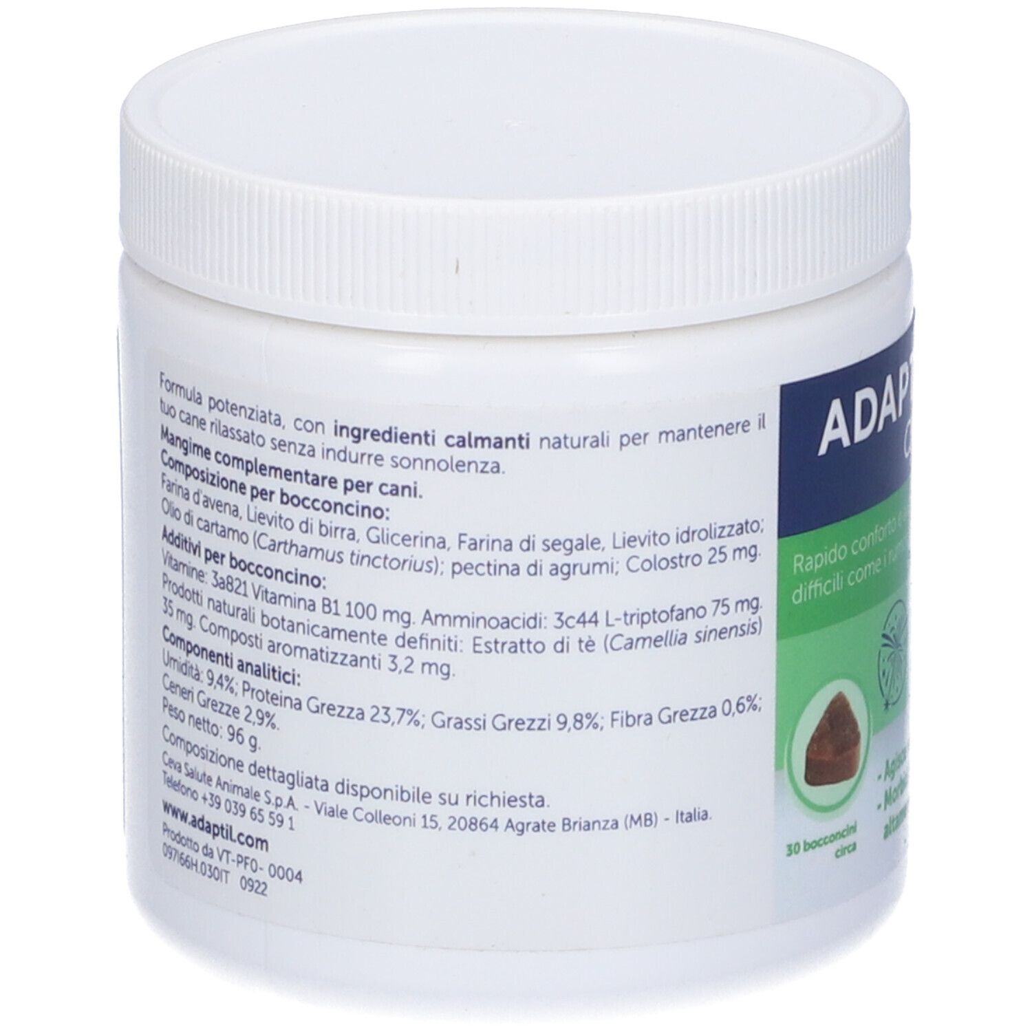 Barattolo Adaptil Chew. Retro con ingredienti e dati analitici. Coperchio bianco, scritte verdi e blu.