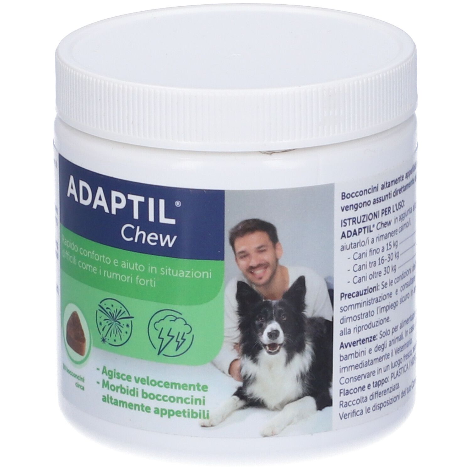 Barattolo Adaptil Chew. Scritta Adaptil Chew, uomo con cane. 30 Bocconcini. Confezione verde e bianca.