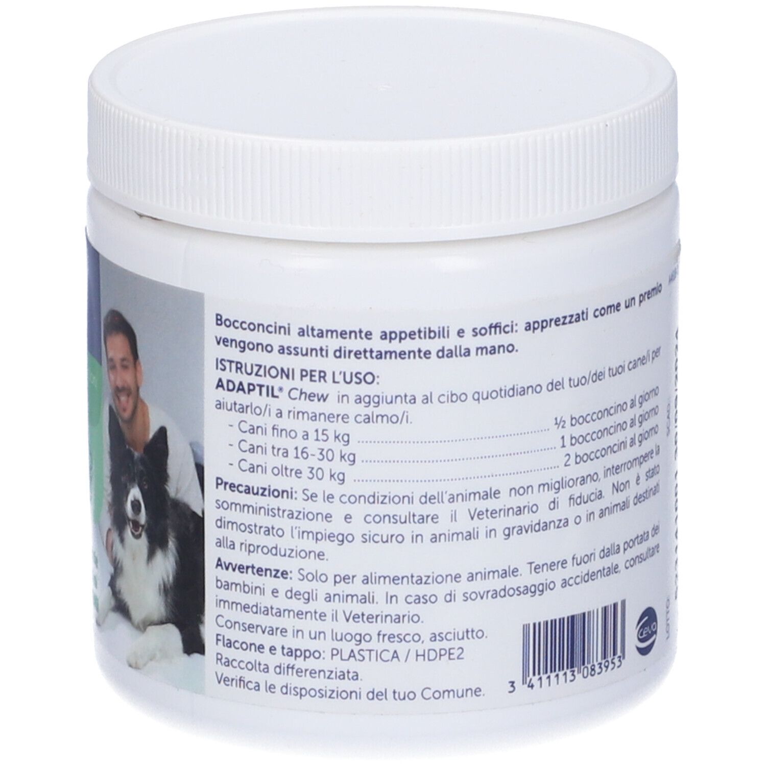 Barattolo Adaptil Chew. Retro con istruzioni per l'uso. Uomo con cane. Coperchio bianco, scritte verdi e blu.