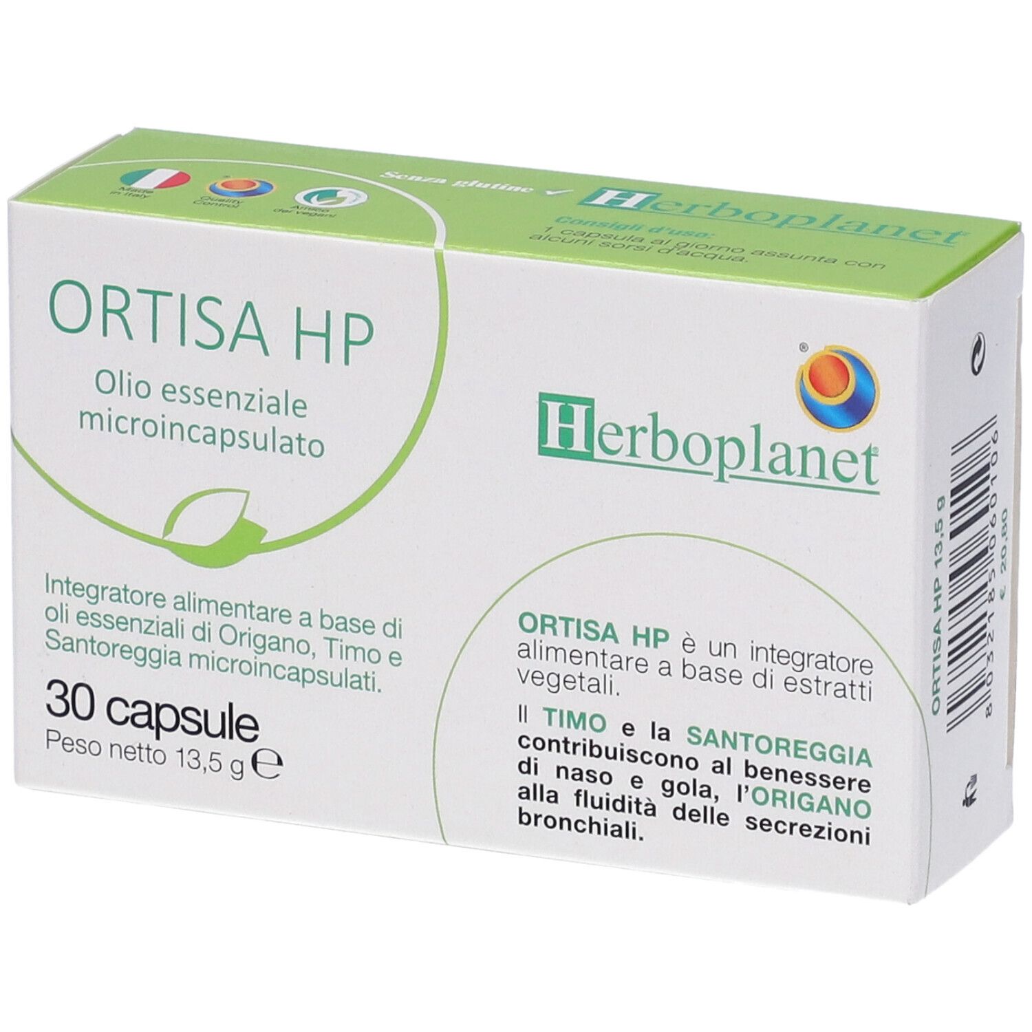 Scatola di capsule Ortisa HP. Scritto: Olio essenziale microincapsulato. 30 capsule. Marchio: Herbo planet.