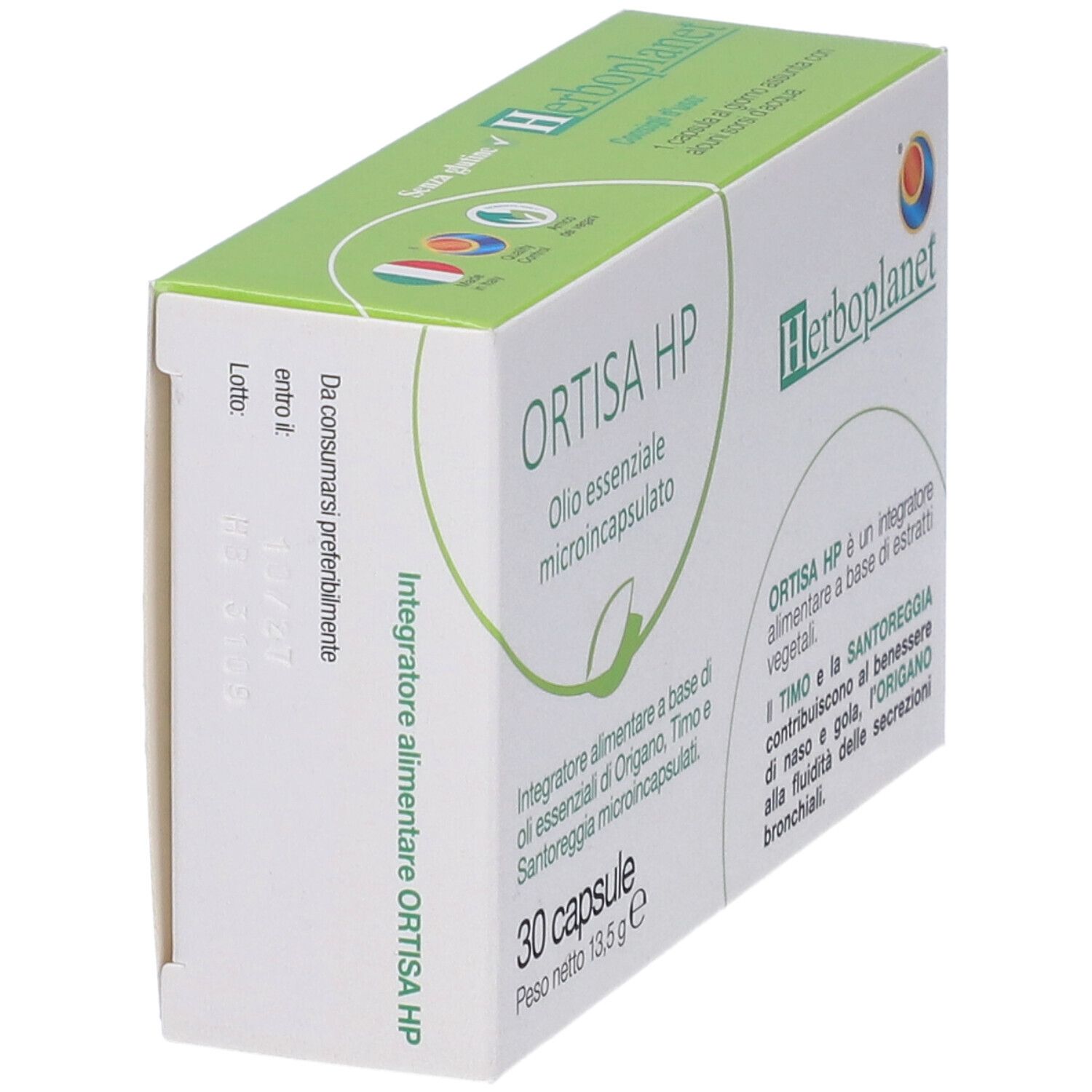 Scatola di capsule Ortisa HP. Scritto: Olio essenziale microincapsulato. 30 capsule. Marchio: Herbo planet.