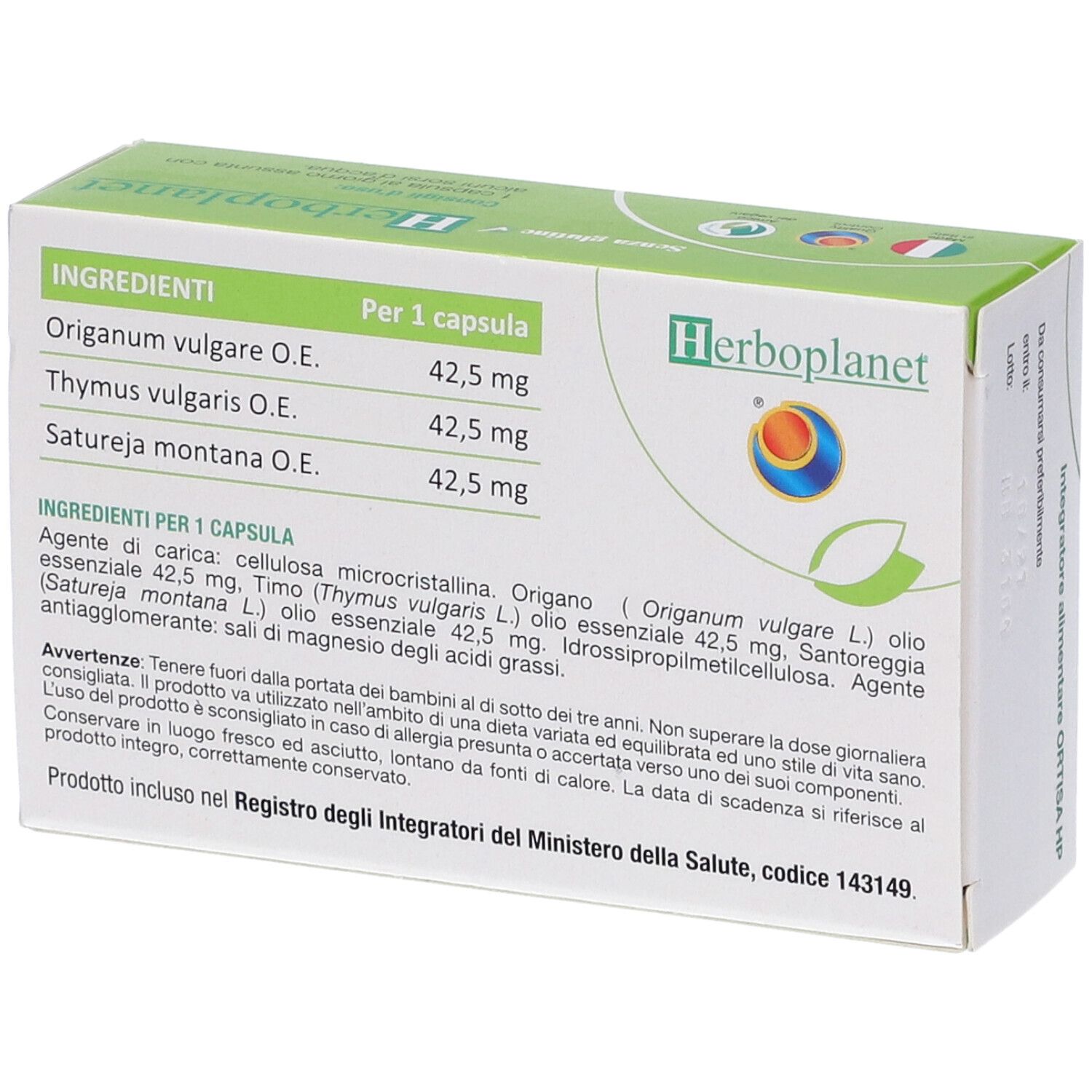Scatola con ingredienti delle capsule Ortisa HP. Contiene: Origanum vulgare, Thymus vulgaris, Satureja montana. Marchio: Herbo planet.