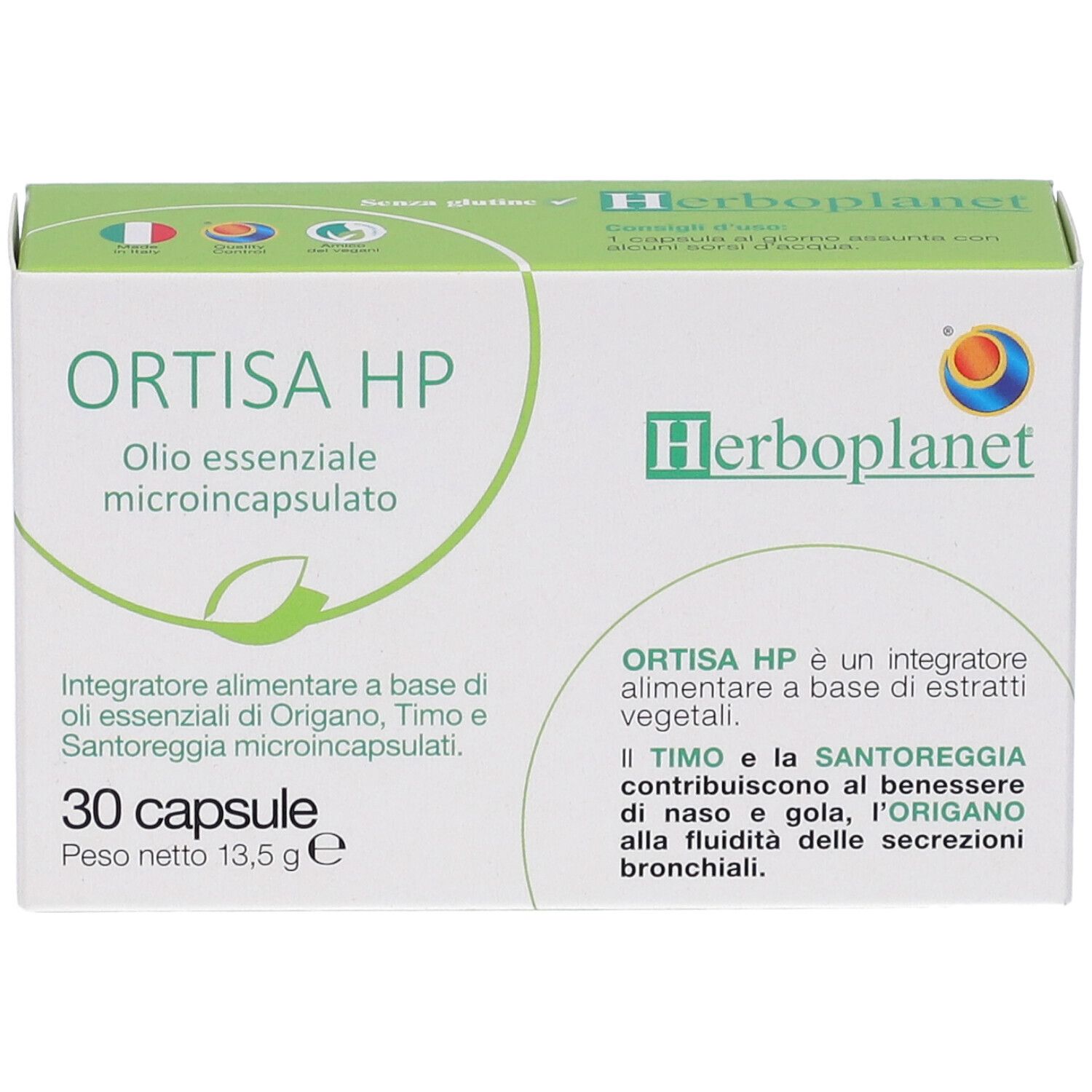 Scatola di capsule Ortisa HP. Scritto: Olio essenziale microincapsulato. 30 capsule. Marchio: Herbo planet.