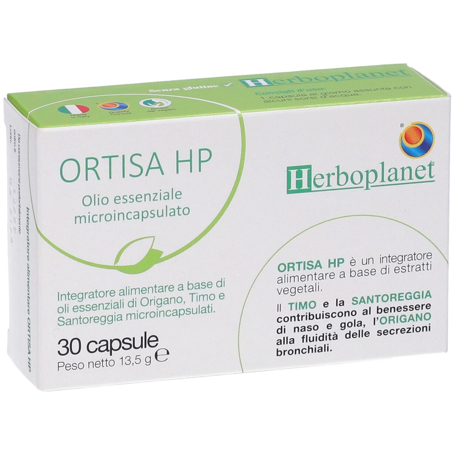 Scatola di capsule Ortisa HP. Scritto: Olio essenziale microincapsulato. 30 capsule. Marchio: Herbo planet.