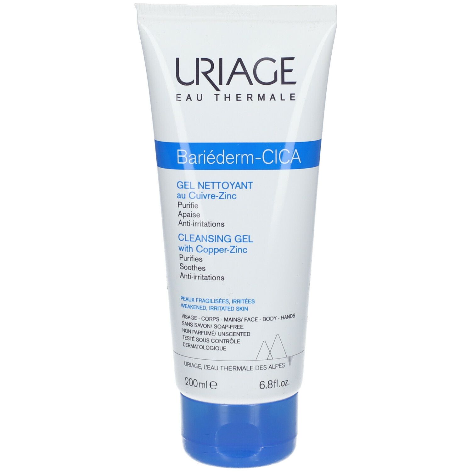 Tubo bianco URIAGE Bariéderm-CICA Gel. Accenti blu. Nome del prodotto e informazioni.