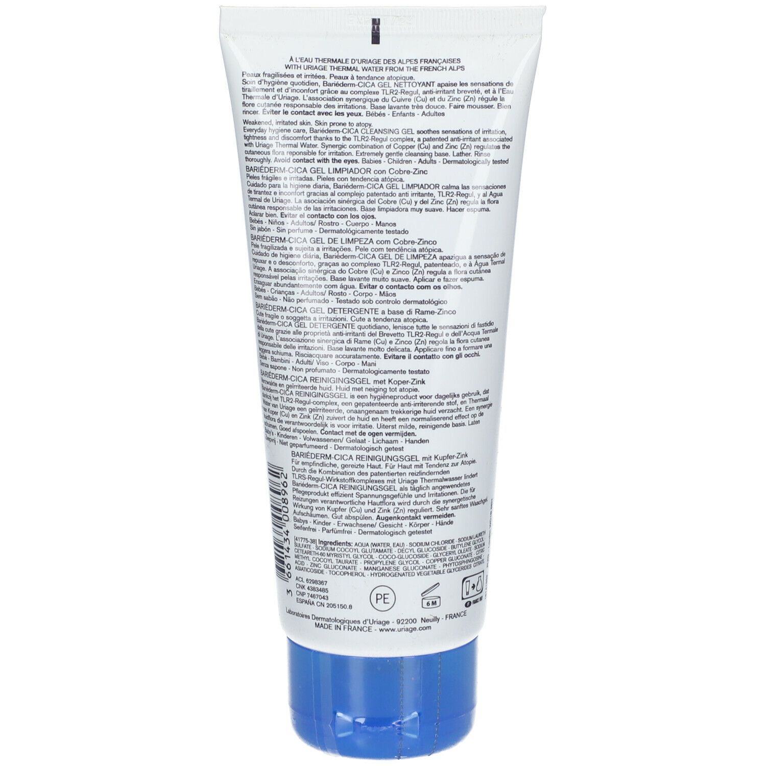 Retro del tubo URIAGE Bariéderm-CICA Gel. Testo multilingue. Informazioni sul prodotto.