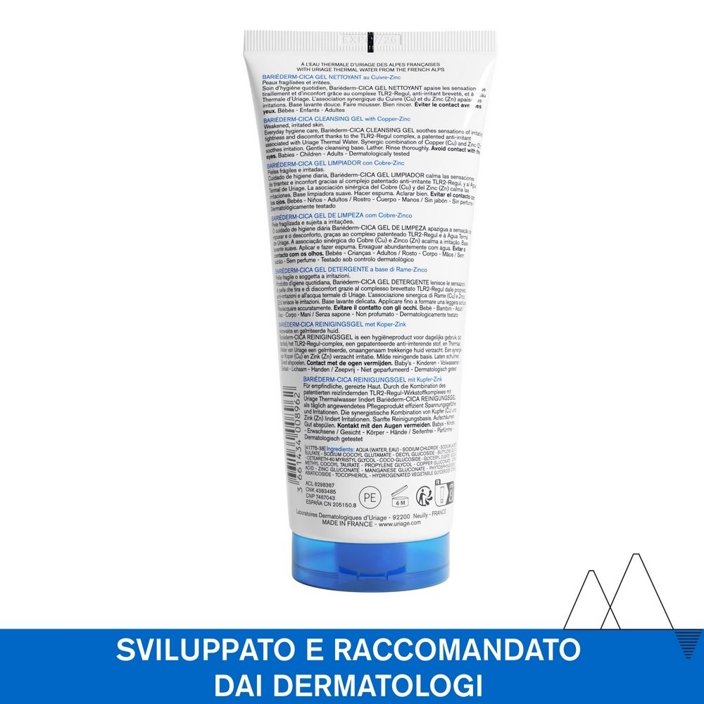 Retro del tubo URIAGE Bariéderm-CICA. Testo multilingue. Informazioni dermatologiche e indicazioni.