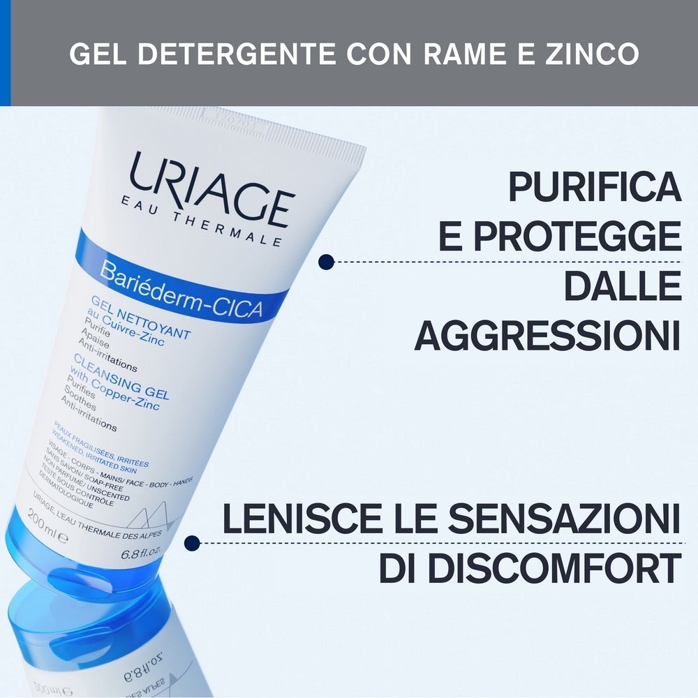 Immagine del prodotto URIAGE Bariéderm-CICA Gel. Testo: 'Purifica e protegge dalle aggressioni' e 'Lenisce le sensazioni di discomfort'.