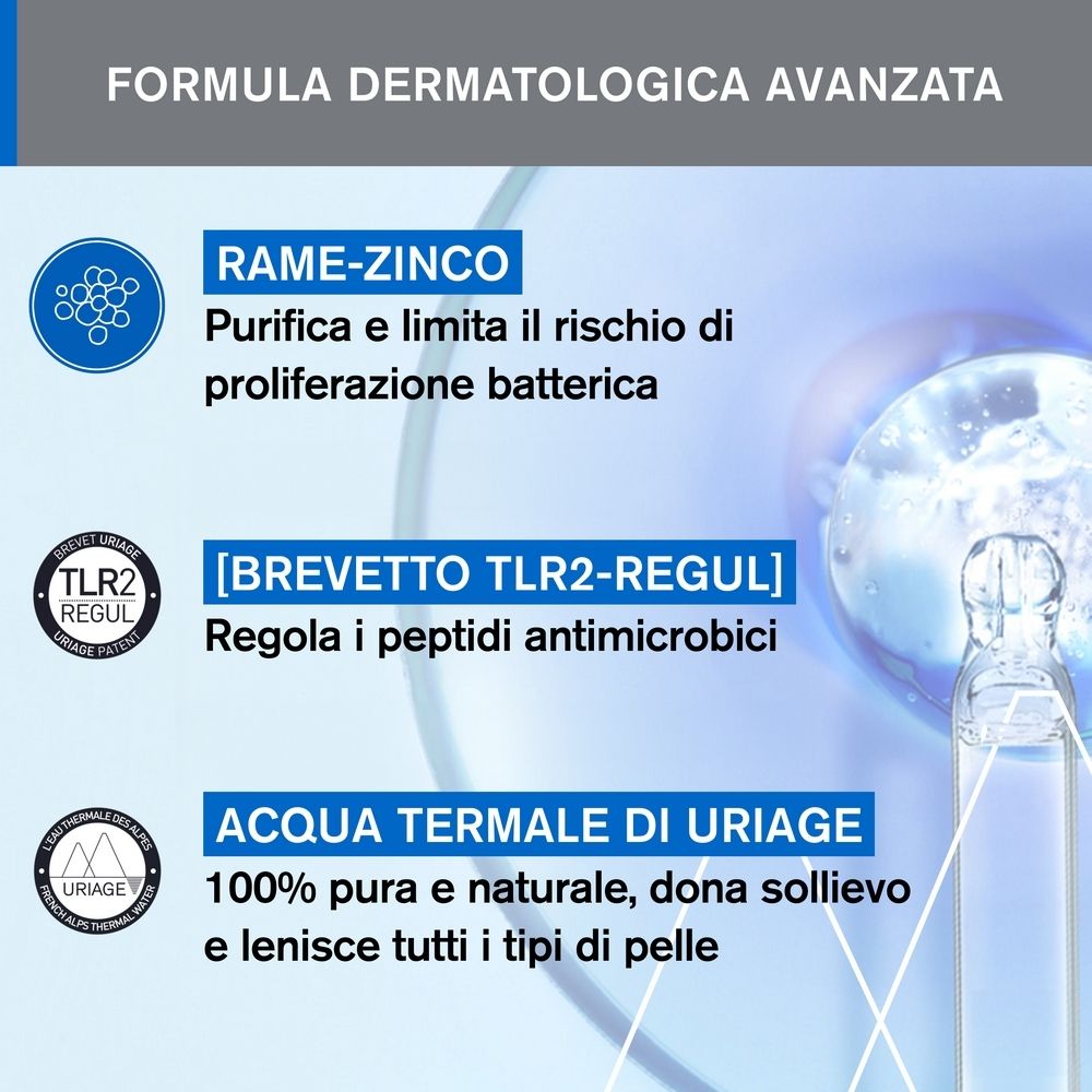Grafico con informazioni sul prodotto. Testo: 'Rame-Zinco', 'Brevetto TLR2-Regul', 'Acqua Termale di Uriage'.