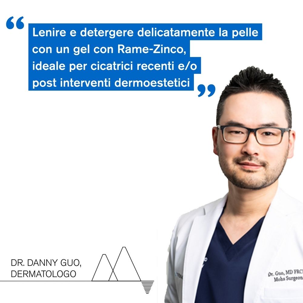 Ritratto di un dermatologo. Citazione: 'Lenire e detergere delicatamente la pelle...'.